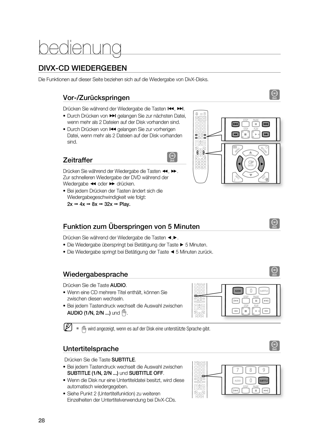 Samsung HT-X620T/EDC manual Vor-/Zurückspringen, ZeitrafferD, Funktion zum überspringen von 5 Minuten, Wiedergabesprache 