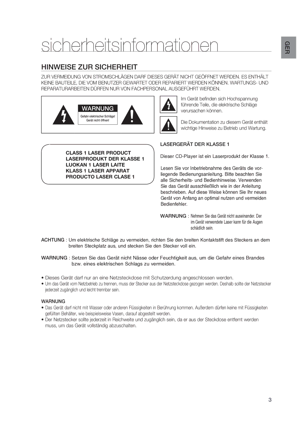 Samsung HT-X620T/XEF Sicherheitsinformationen, Hinweise zur Sicherheit, Dieser CD-Player ist ein Laserprodukt der Klasse 