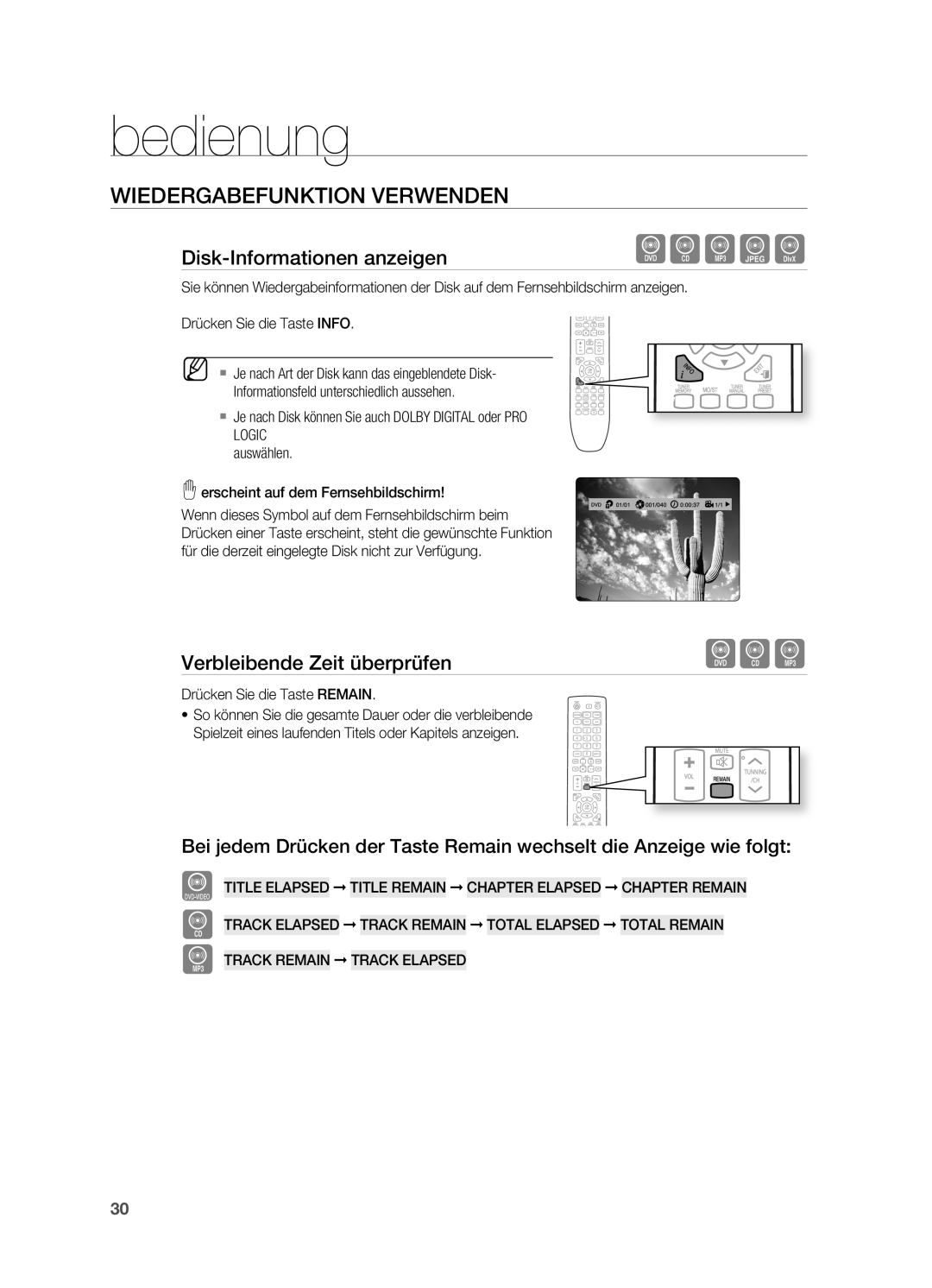 Samsung HT-X620T/EDC, HT-X620T/XEF WIEDERGABEFUNKtIoN Verwenden, Disk-Informationen anzeigen, Verbleibende Zeit überprüfen 