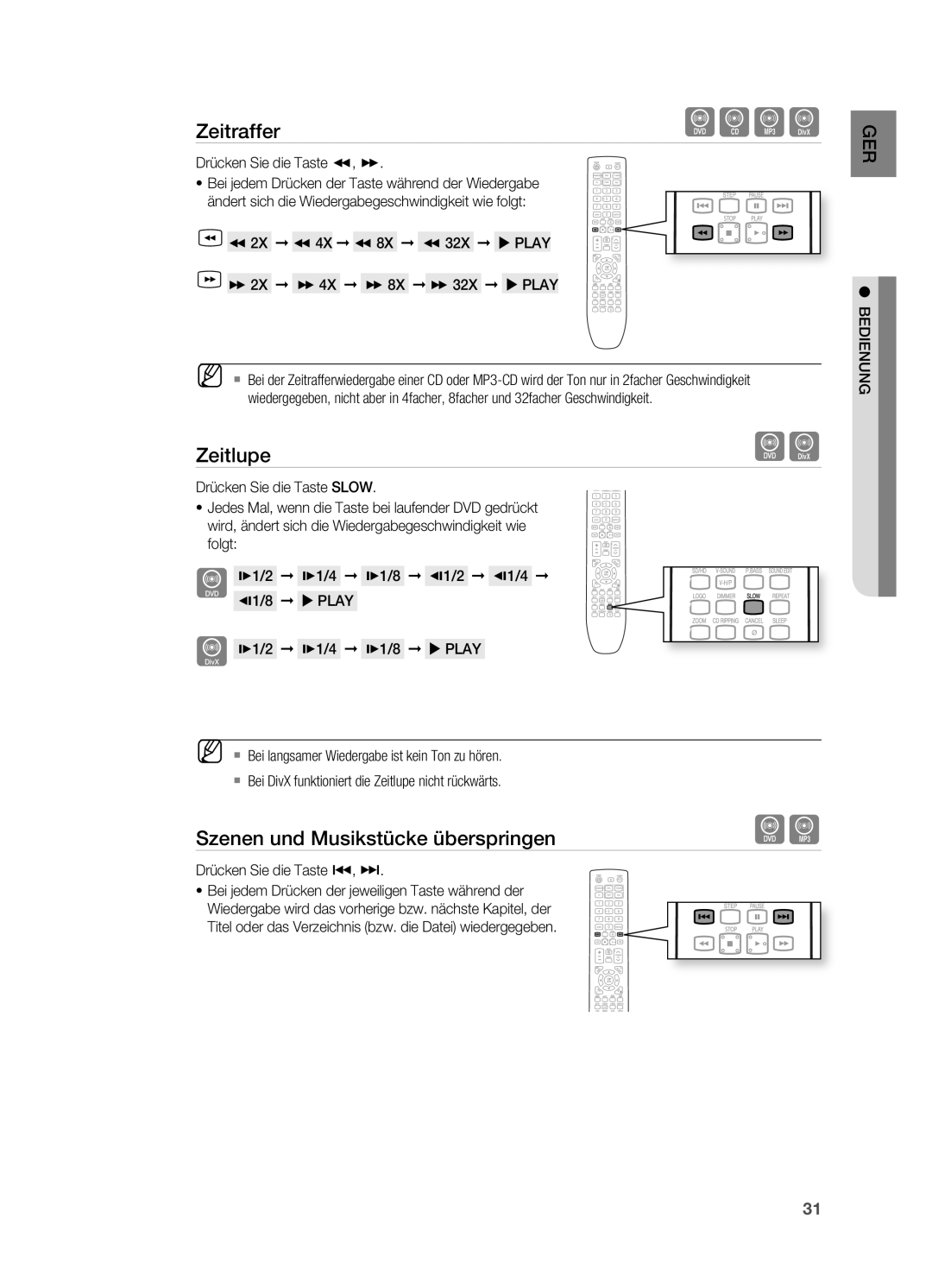 Samsung HT-X620T/XEF Zeitraffer, Zeitlupe, Szenen und Musikstücke überspringen, Drücken Sie die Taste, 2X 4X 8X 32X  pLAY 