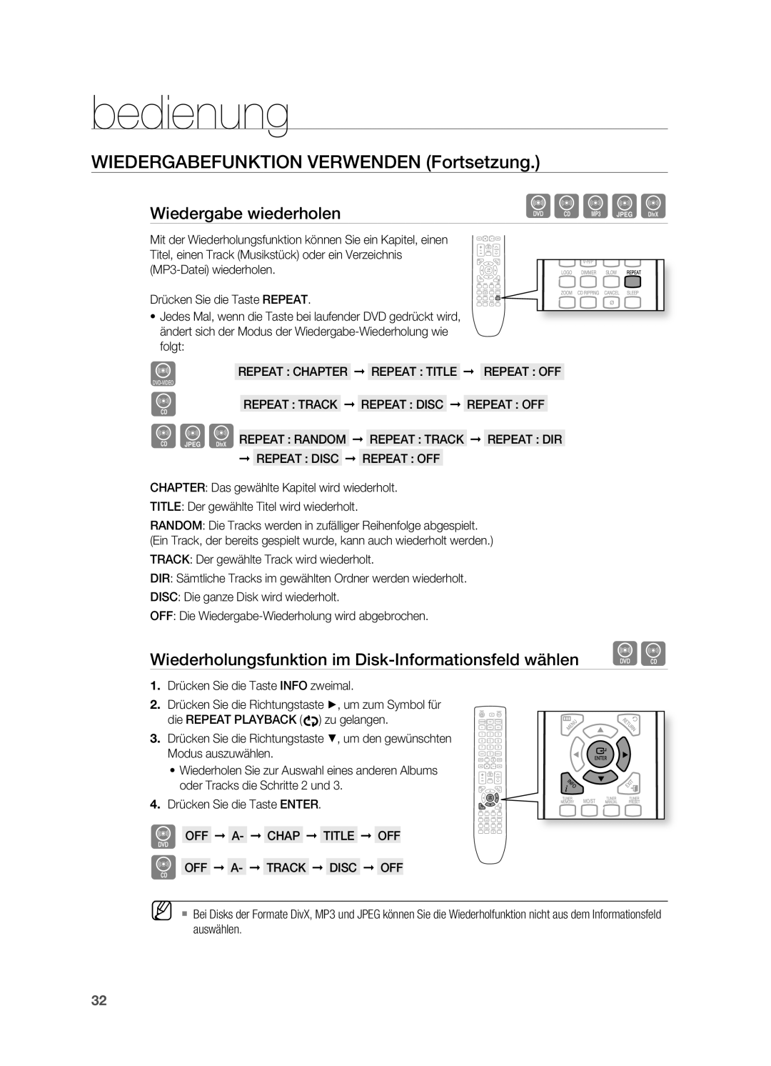 Samsung HT-X620T/EDC WIEDERGABEFUNKtIoN Verwenden Fortsetzung, Wiedergabe wiederholen, REpEAt tRACK REpEAt Disc REpEAt oFF 