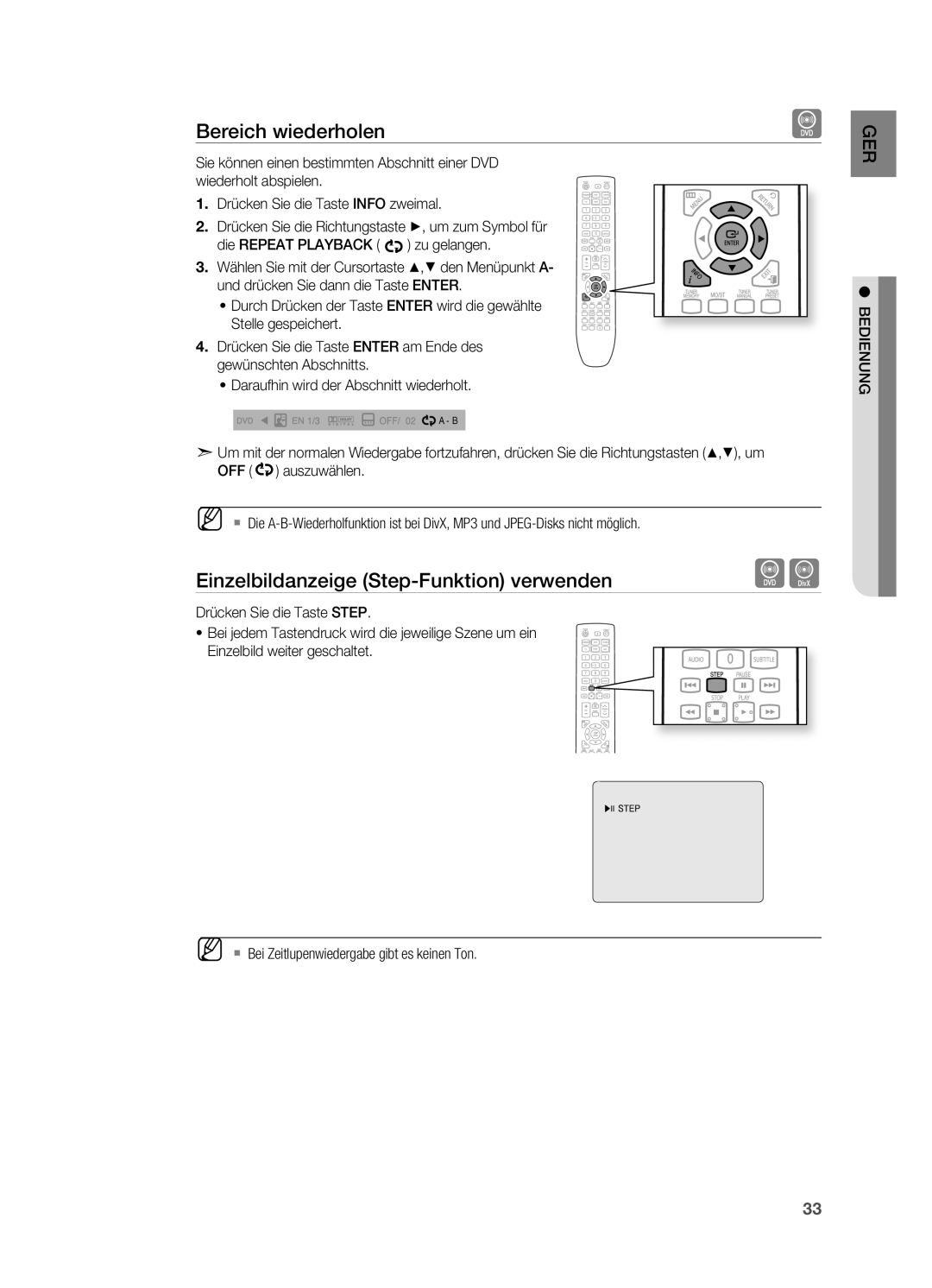 Samsung HT-X620T/XEF, HT-X620T/EDC manual Bereich wiederholen, Einzelbildanzeige Step-Funktion verwenden 