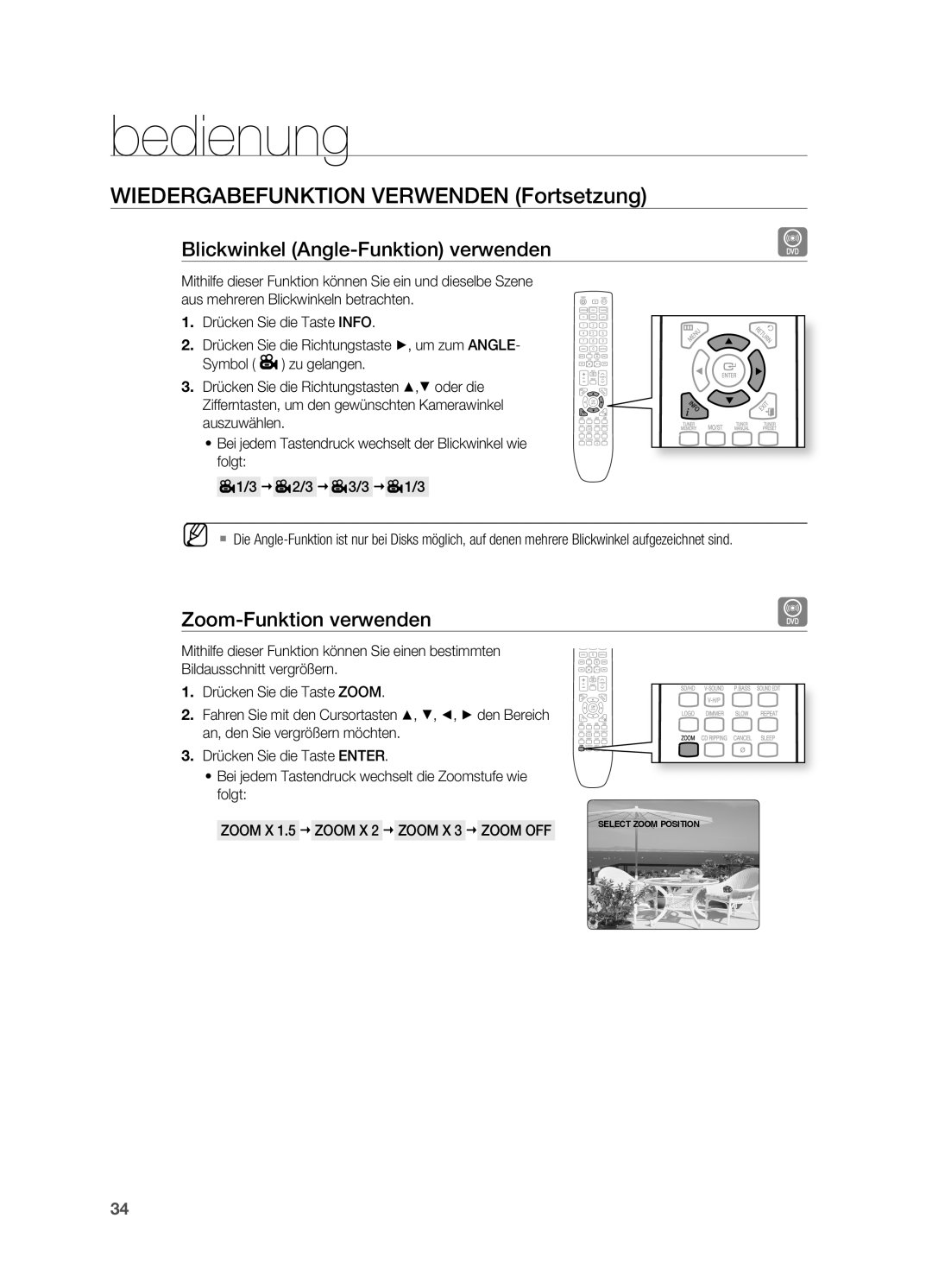 Samsung HT-X620T/EDC, HT-X620T/XEF manual Blickwinkel Angle-Funktion verwenden, Zoom-Funktion verwenden 