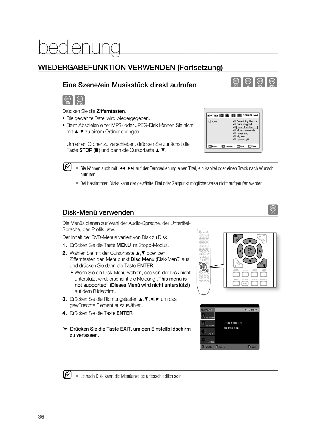 Samsung HT-X620T/EDC, HT-X620T/XEF manual Disk-Menü verwenden, ` Je nach Disk kann die Menüanzeige unterschiedlich sein 