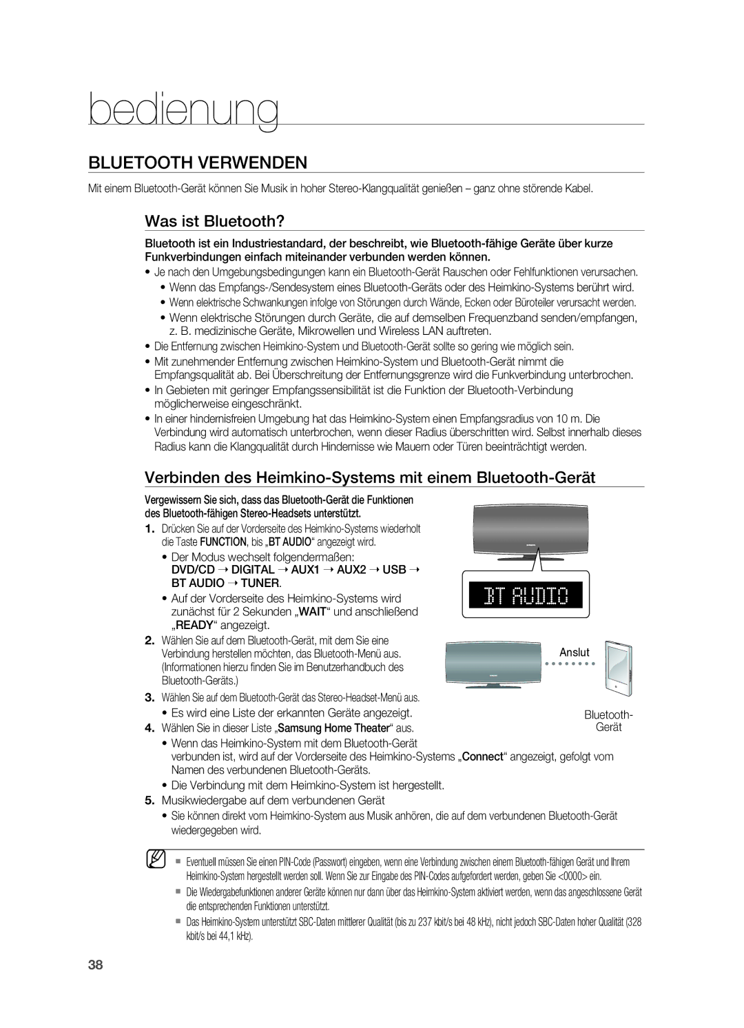 Samsung HT-X620T/EDC Bluetooth verwenden, Was ist Bluetooth?, Verbinden des Heimkino-Systems mit einem Bluetooth-Gerät 