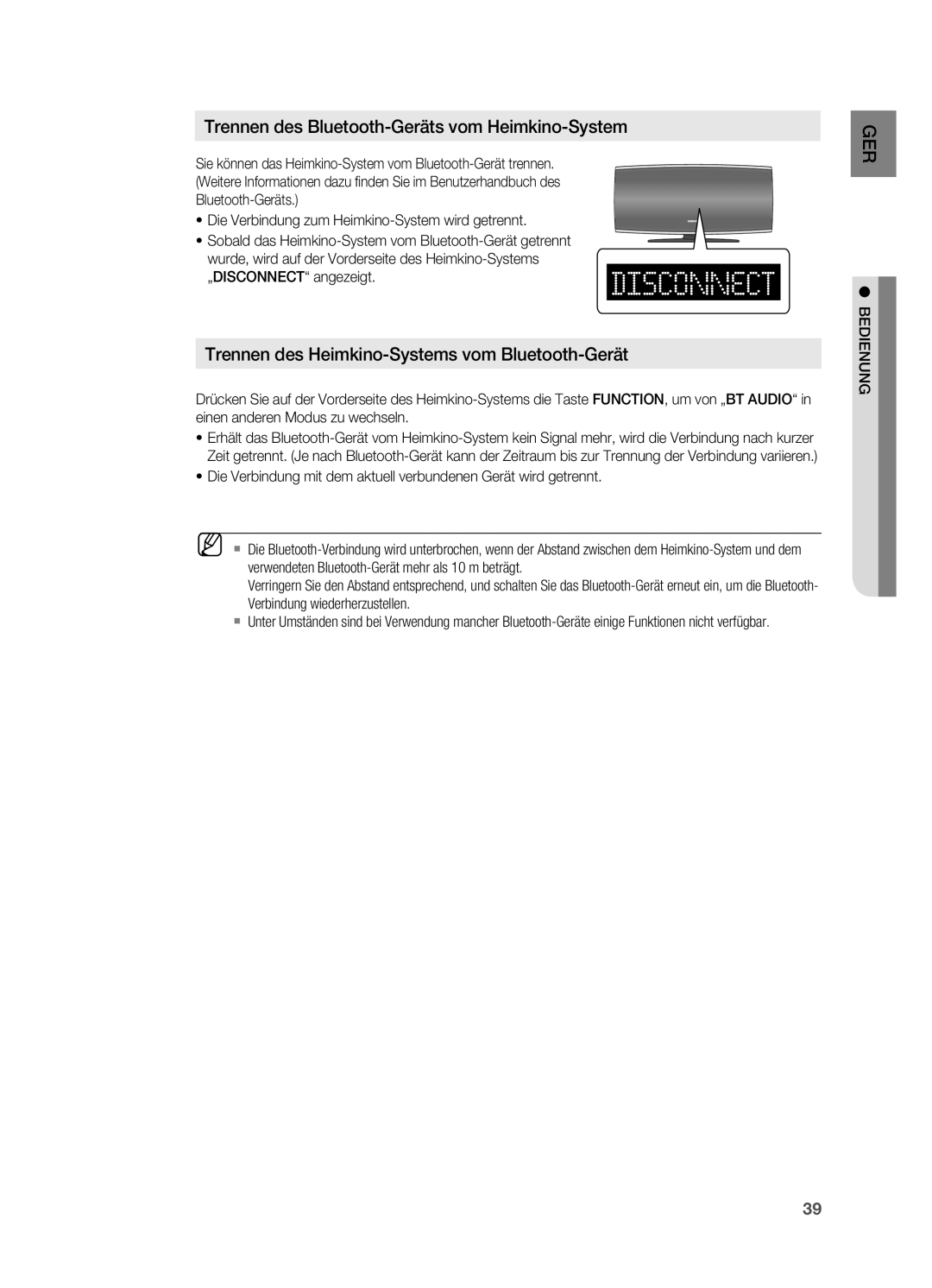 Samsung HT-X620T/XEF, HT-X620T/EDC manual Trennen des Bluetooth-Geräts vom Heimkino-System, Bedienung 