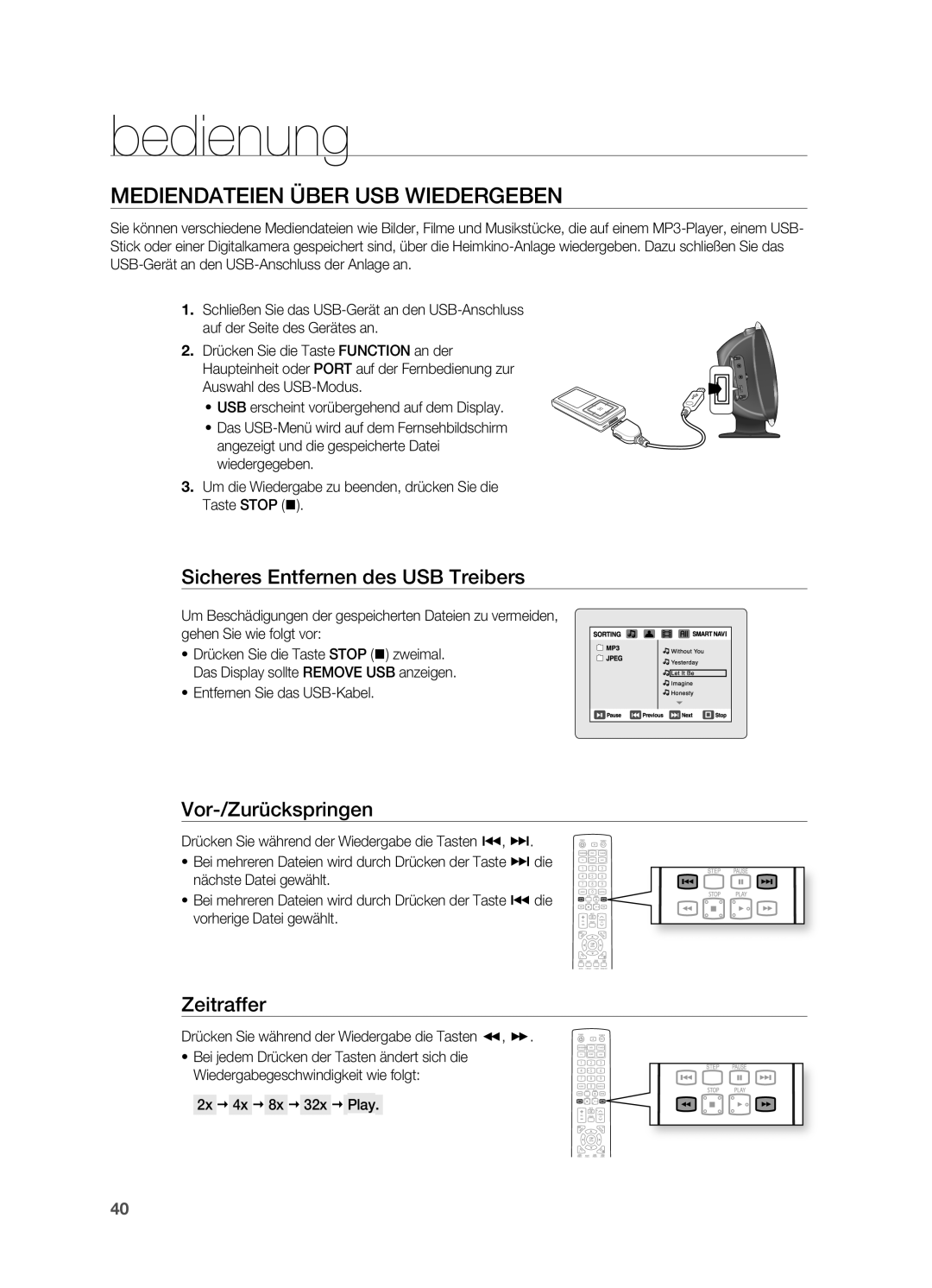 Samsung HT-X620T/EDC MEDIENDAtEIEN üBER USB Wiedergeben, Sicheres Entfernen des USB treibers, 2x  4x  8x  32x  play 