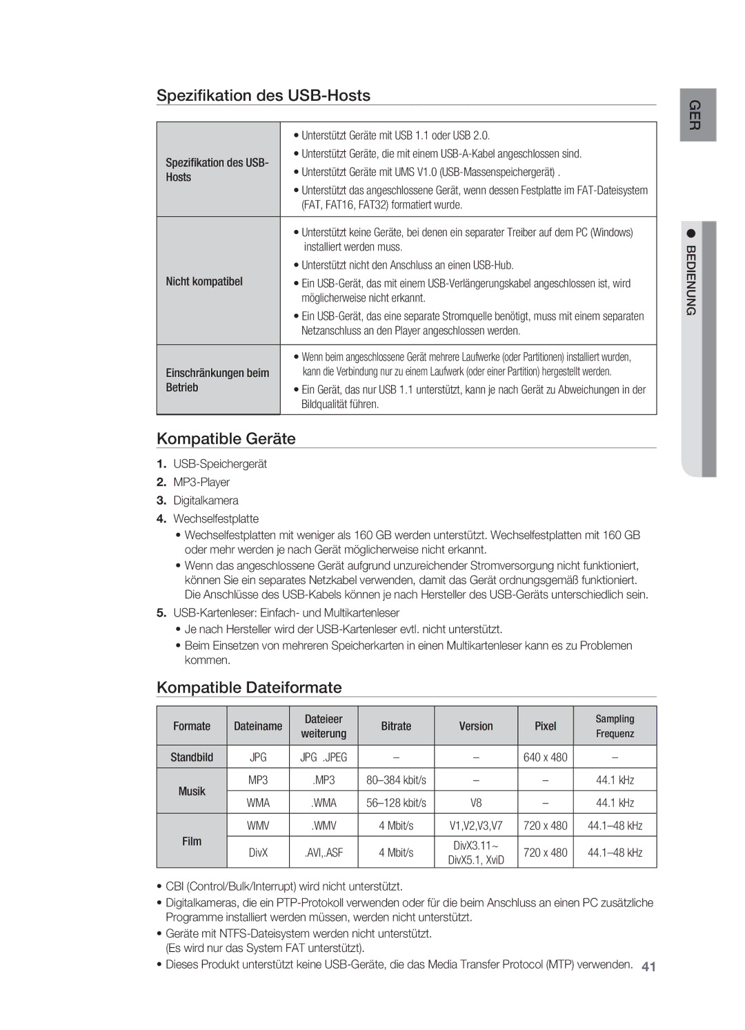 Samsung HT-X620T/XEF, HT-X620T/EDC manual Spezifikation des USB-Hosts, Kompatible Geräte, Kompatible Dateiformate 