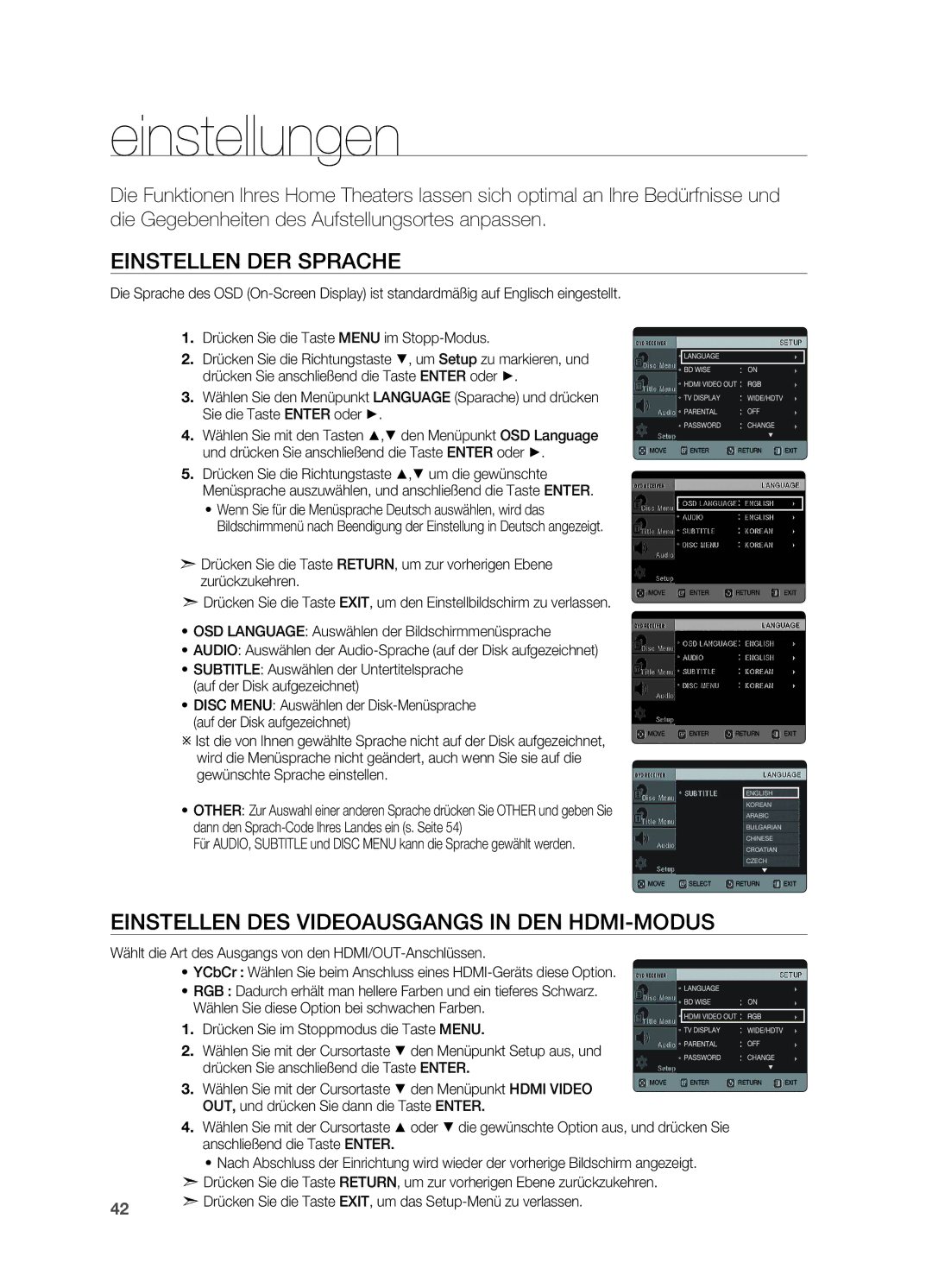 Samsung HT-X620T/EDC, HT-X620T/XEF Einstellungen, Einstellen der Sprache, Einstellen des Videoausgangs in DEN HDMI-MODUS 