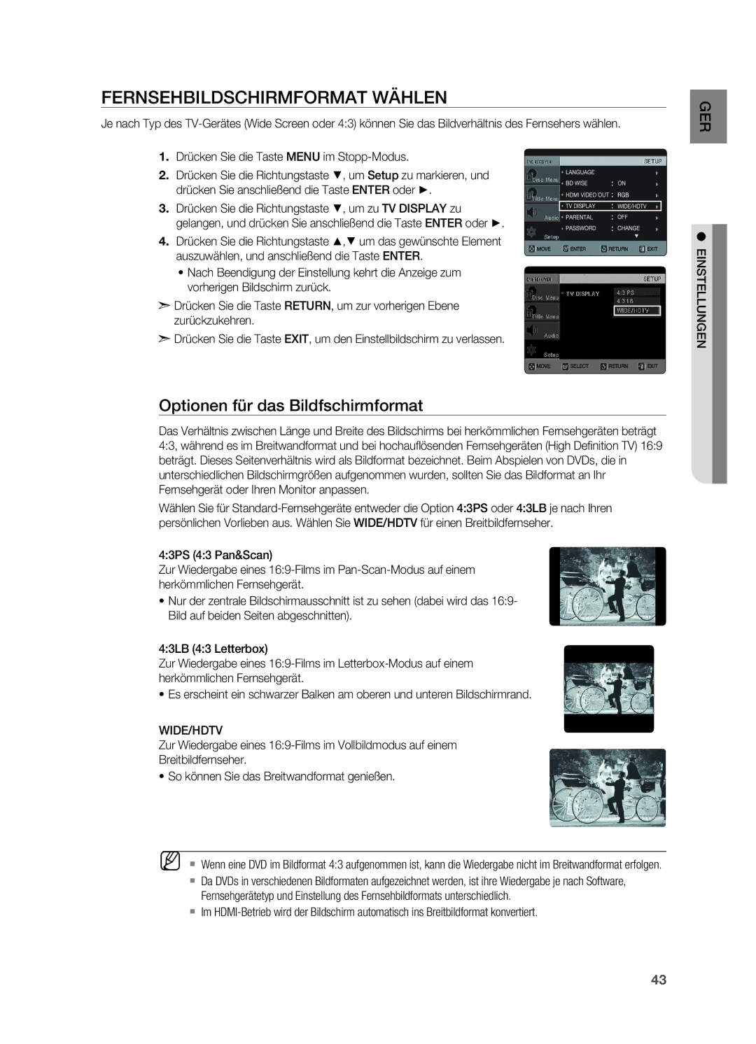 Samsung HT-X620T/XEF, HT-X620T/EDC manual Fernsehbildschirmformat wählen, Optionen für das Bildfschirmformat 