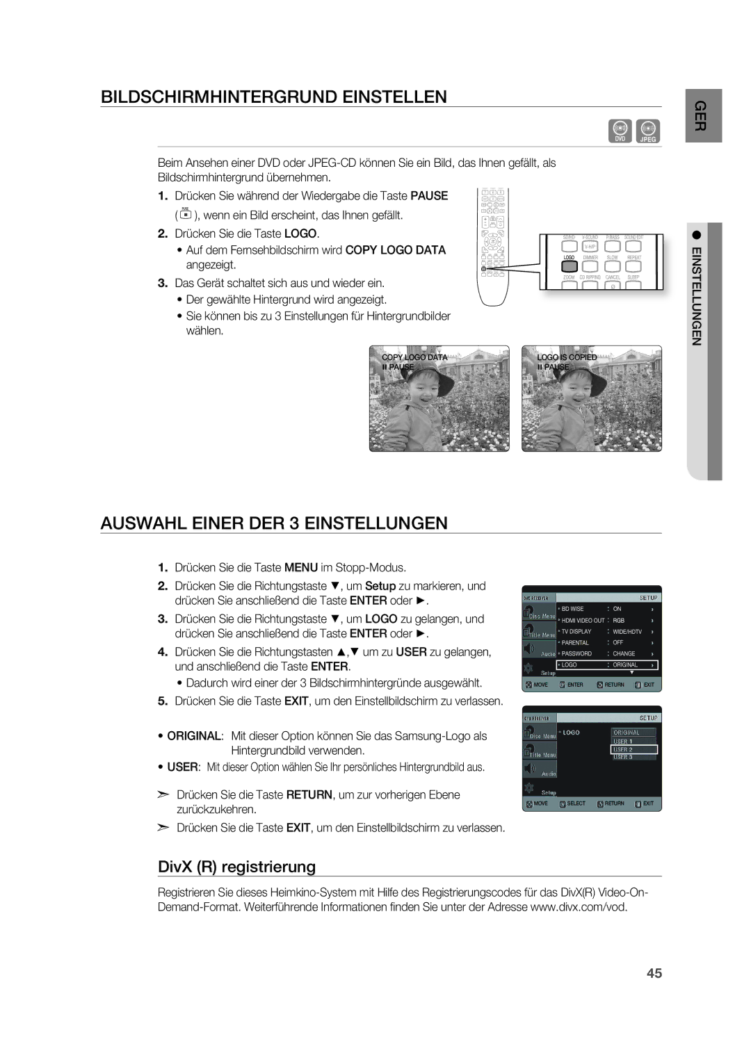 Samsung HT-X620T/XEF manual BILDSCHIRMHINtERGRUND EINStELLEN, Auswahl Einer DER 3 EINStELLUNGEN, DivX R registrierung 