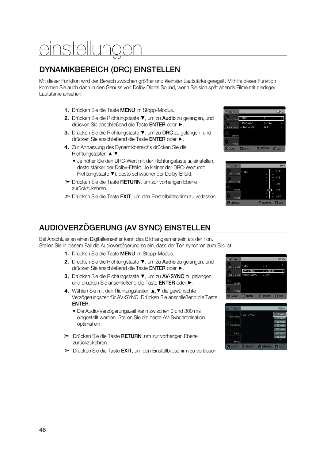 Samsung HT-X620T/EDC, HT-X620T/XEF Dynamikbereich DRC einstellen, Audioverzögerung AV Sync einstellen, Richtungstasten $,% 