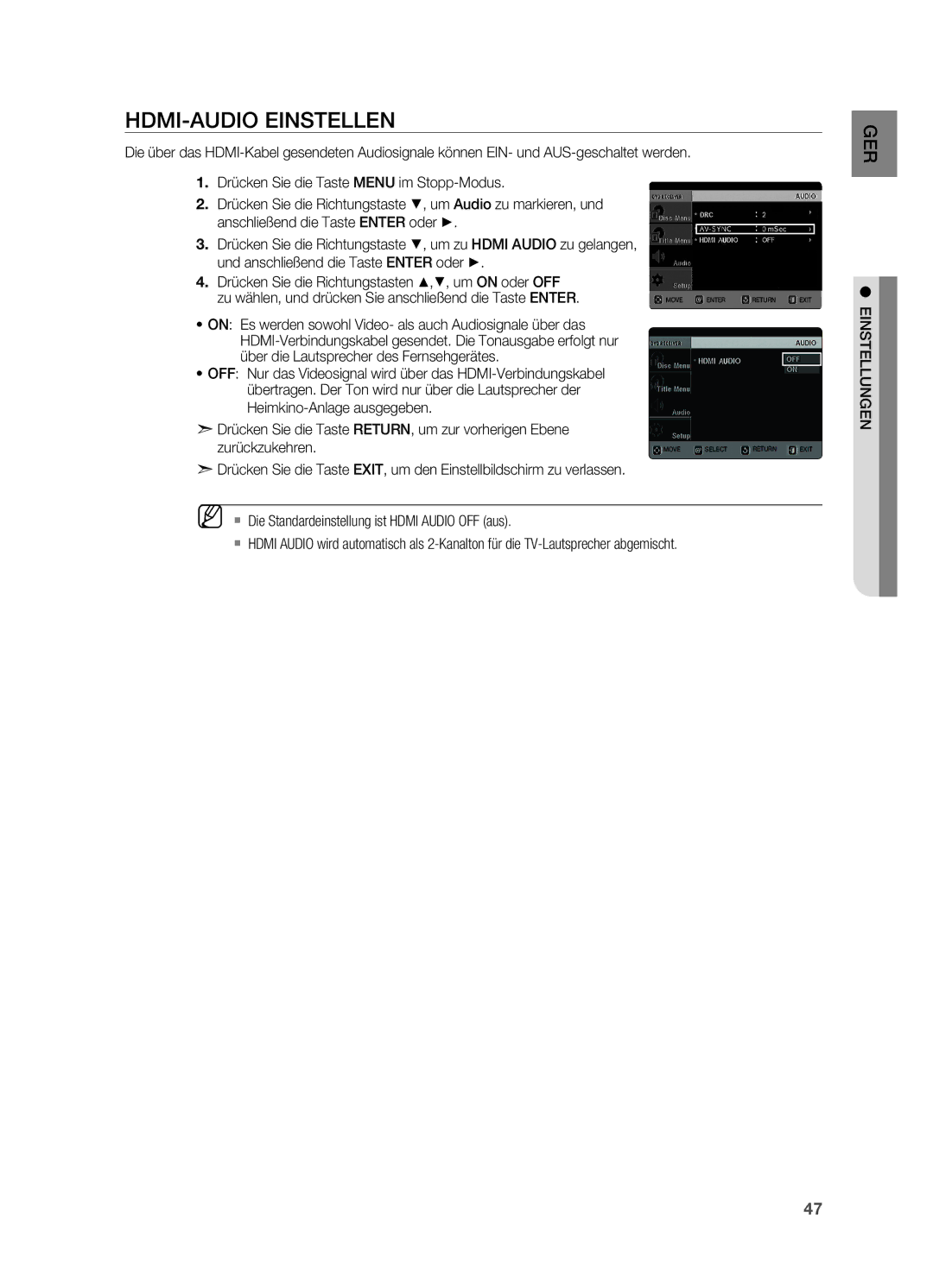 Samsung HT-X620T/XEF, HT-X620T/EDC manual HDMI-Audio einstellen, ~ on Es werden sowohl Video- als auch Audiosignale über das 