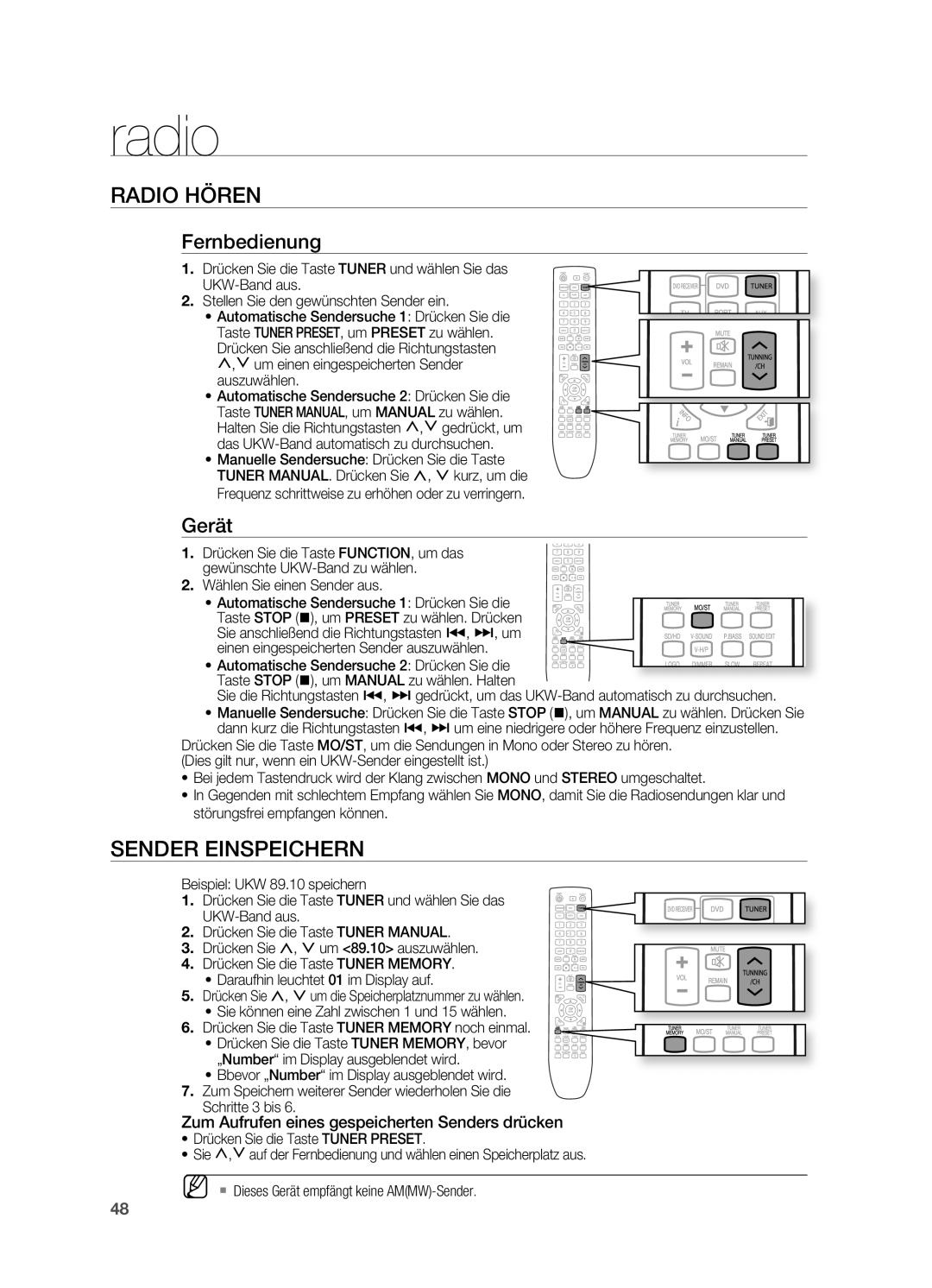 Samsung HT-X620T/EDC, HT-X620T/XEF manual Radio, RADIo HöREN, Sender EINSpEICHERN, Fernbedienung, Gerät 