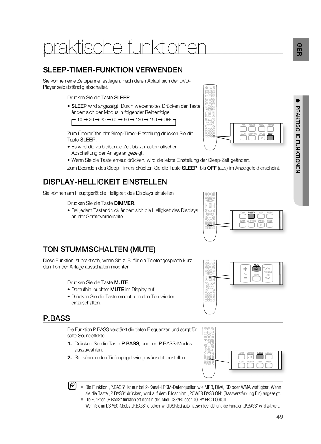 Samsung HT-X620T/XEF manual Praktische funktionen, SLEEp-tIMER-FUNKtIoN Verwenden, DISpLAY-HELLIGKEIt EINStELLEN, Bass 