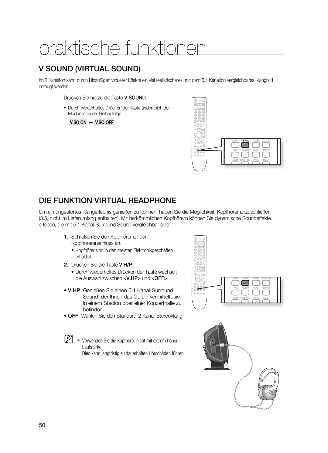 Samsung HT-X620T/EDC, HT-X620T/XEF manual SoUND VIRtUAL SoUND, DIE FUNKtIoN VIRtUAL HEADpHoNE 