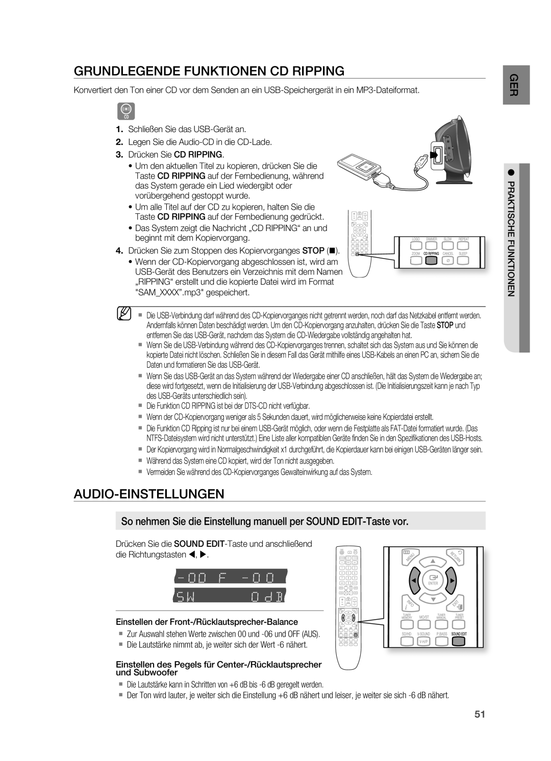 Samsung HT-X620T/XEF, HT-X620T/EDC manual Grundlegende FUNKtIoNEN CD RIppING, AUDIo-EINStELLUNGEN, SAMXXXX.mp3 gespeichert 