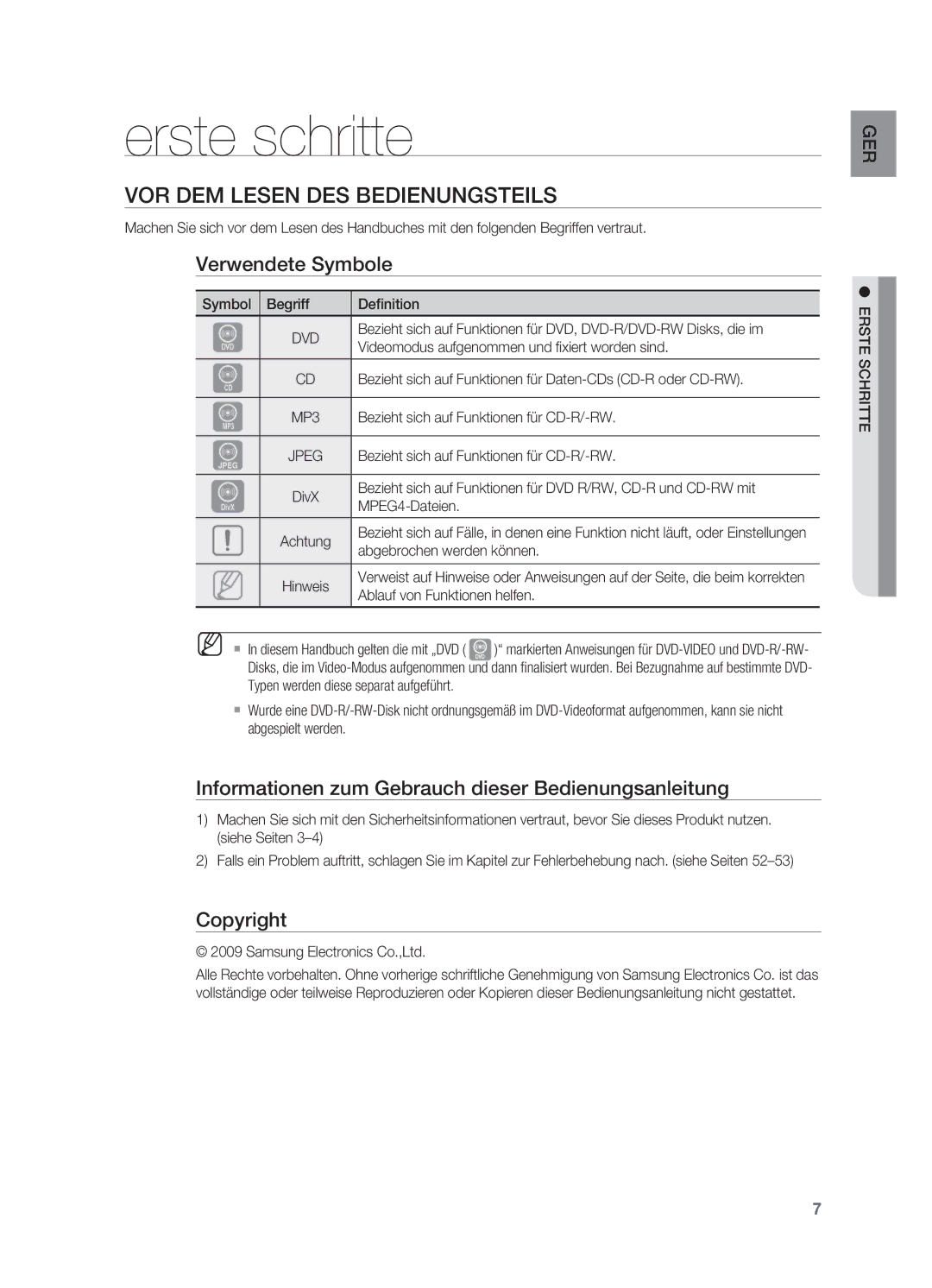 Samsung HT-X620T/XEF, HT-X620T/EDC manual Erste schritte, Vor dem Lesen des Bedienungsteils, Verwendete Symbole, Copyright 