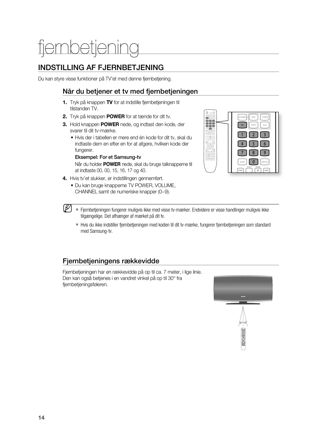 Samsung HT-X620T/XEE manual Indstilling AF FjERNBETjENING, Når du betjener et tv med fjernbetjeningen 