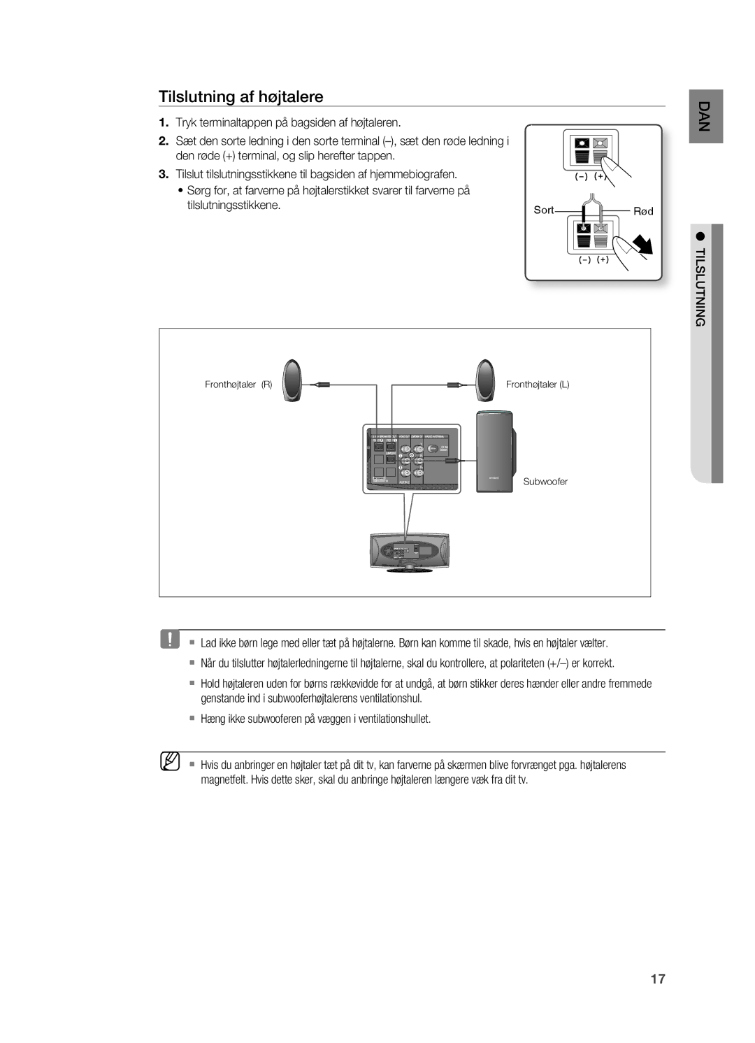 Samsung HT-X620T/XEE manual Tilslutning, ` Hæng ikke subwooferen på væggen i ventilationshullet 