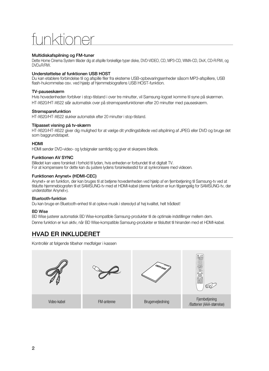 Samsung HT-X620T/XEE manual Funktioner, Hvad ER Inkluderet, Hdmi 