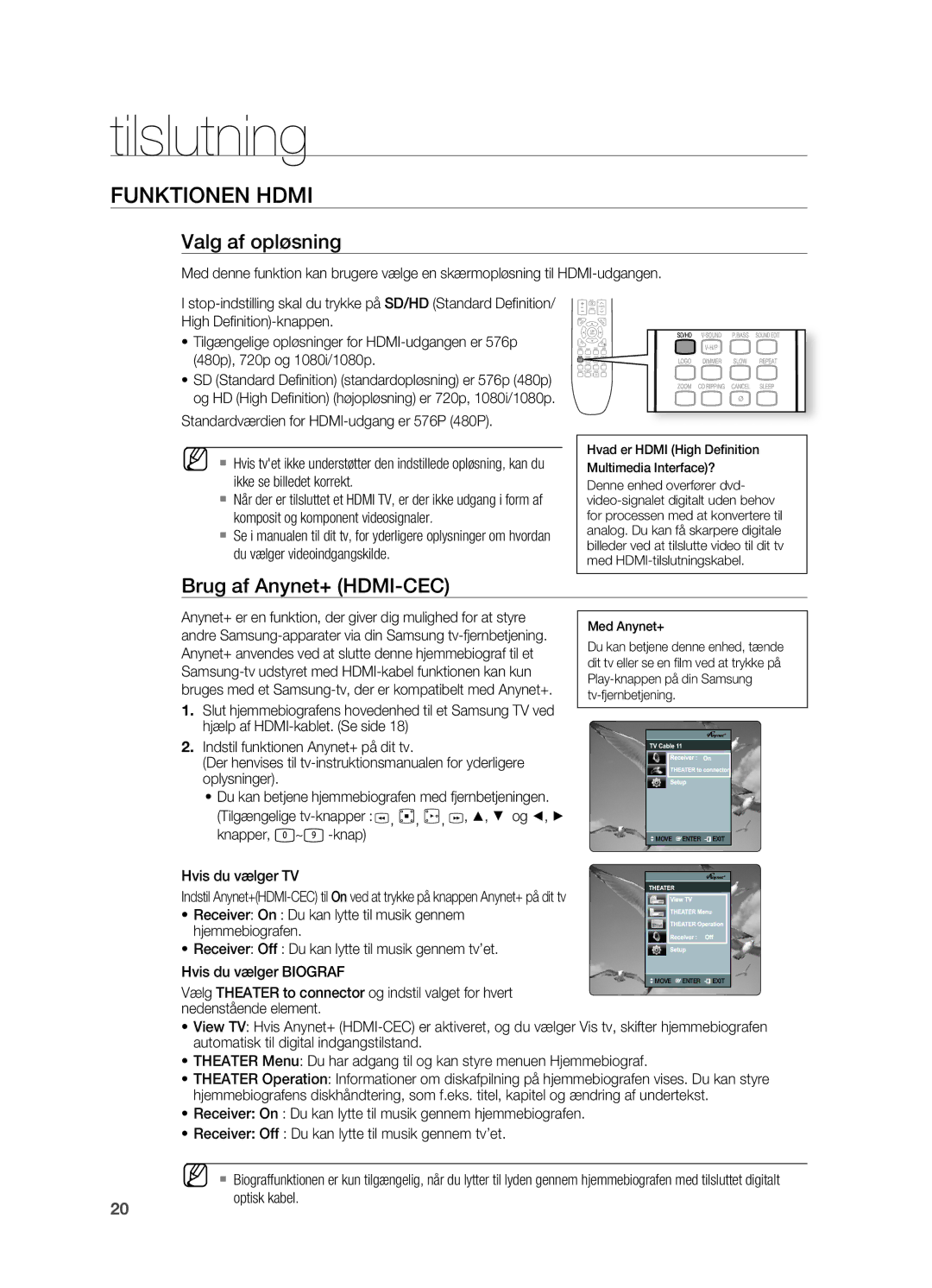 Samsung HT-X620T/XEE manual Funktionen Hdmi, Valg af opløsning, Brug af Anynet+ HDMI-CEC, Optisk kabel 