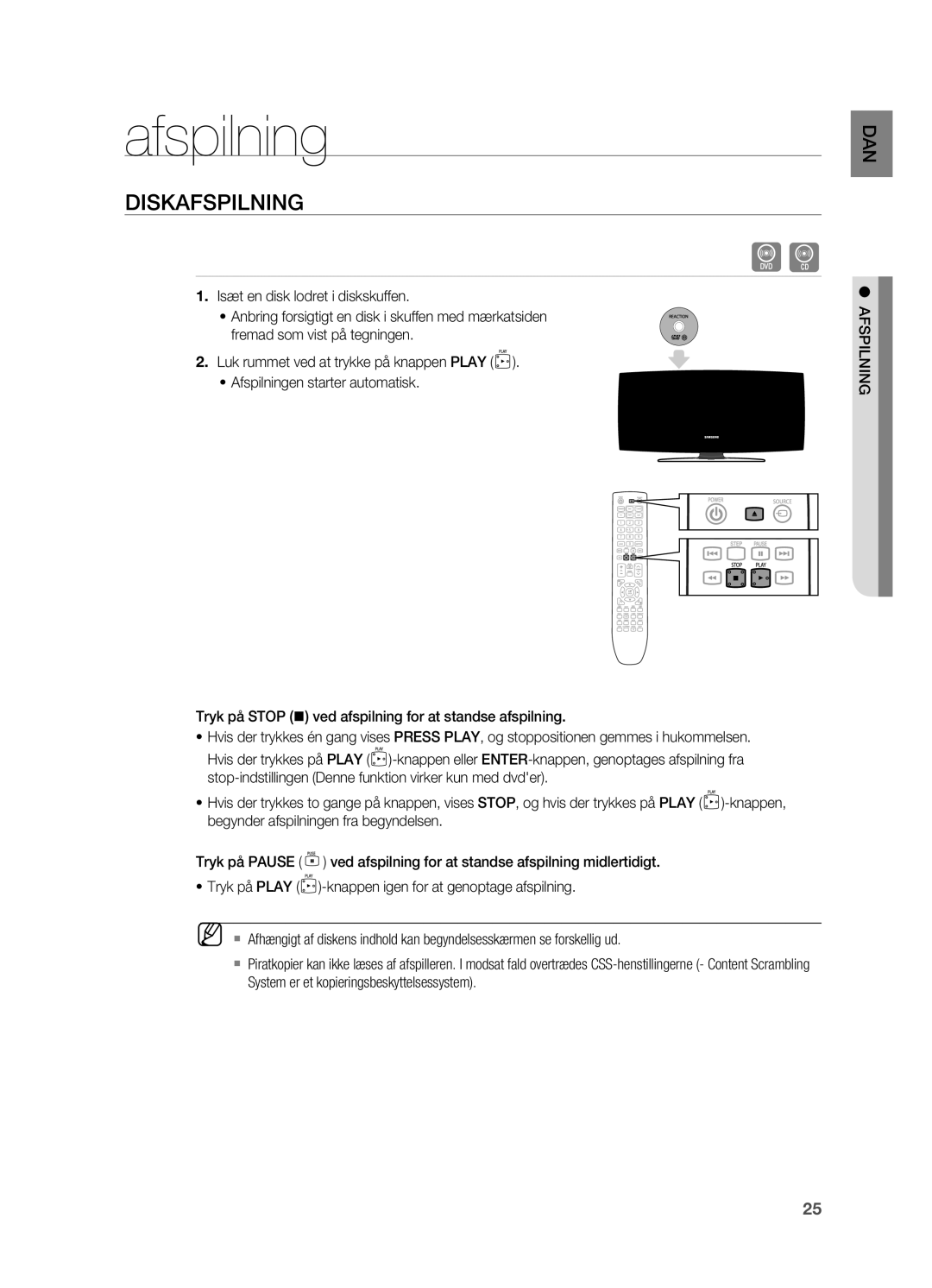 Samsung HT-X620T/XEE manual Afspilning, DISKAFSpILNING 