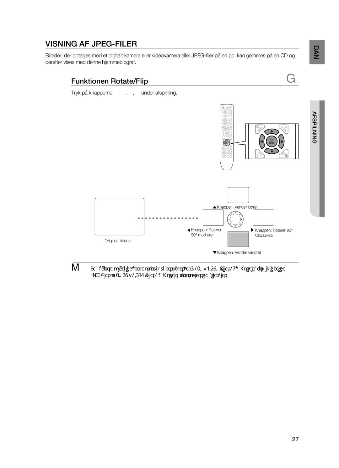 Samsung HT-X620T/XEE manual Visning AF jpEG-FILER, Funktionen Rotate/Flip, Tryk på knapperne $, %, , + under afspilning 