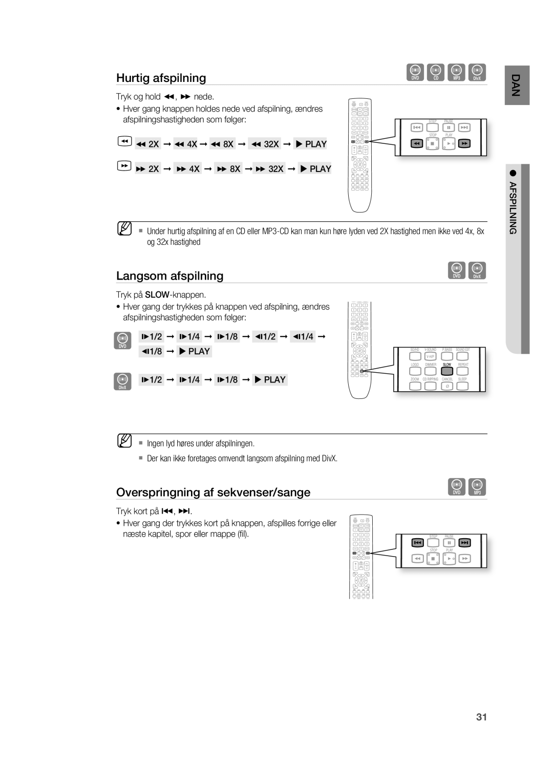 Samsung HT-X620T/XEE manual Langsom afspilning, Overspringning af sekvenser/sange 