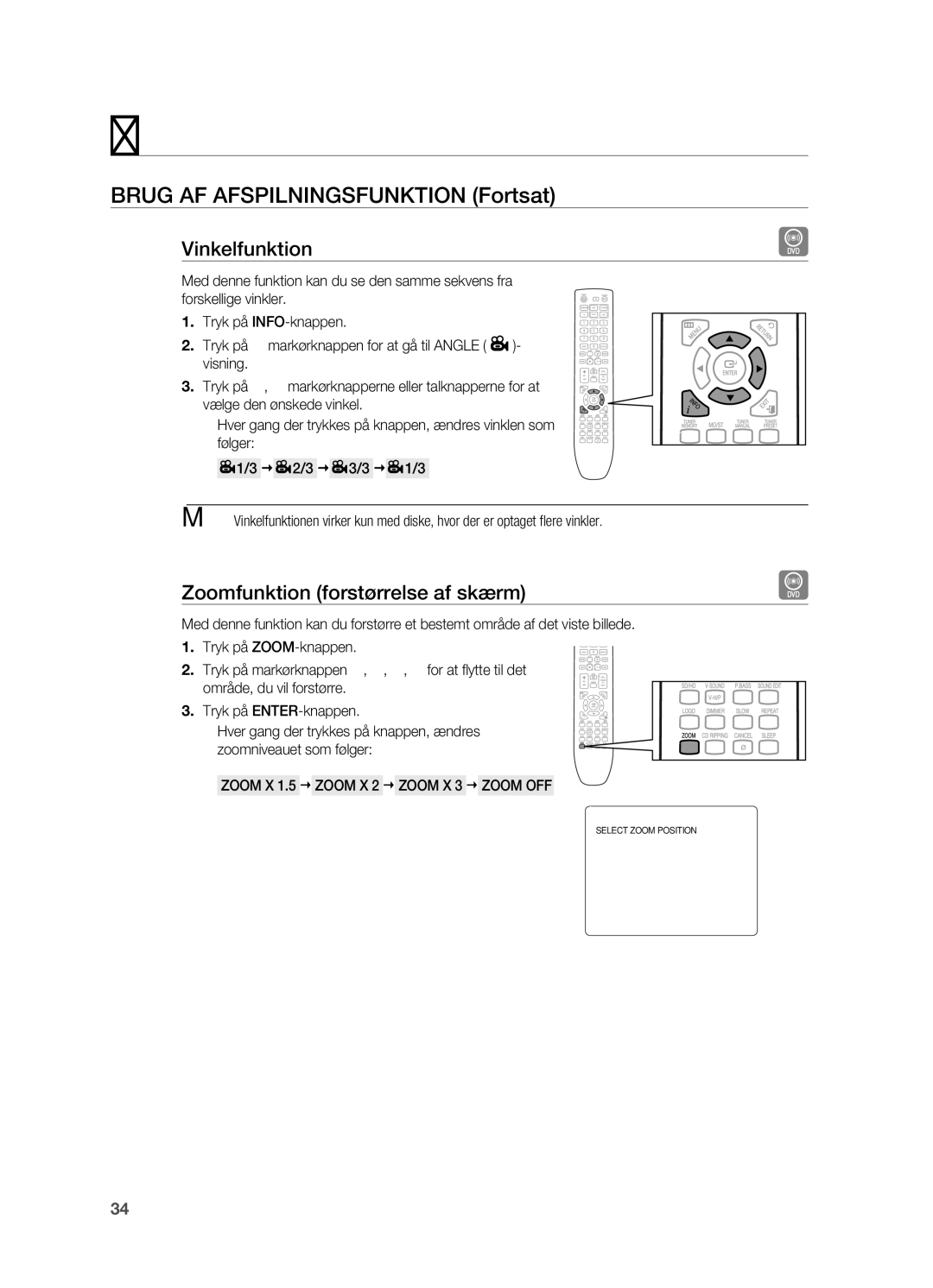 Samsung HT-X620T/XEE manual Vinkelfunktion, Zoomfunktion forstørrelse af skærm, Zoom X 1.5  Zoom X 2  Zoom X 3  Zoom OFF 