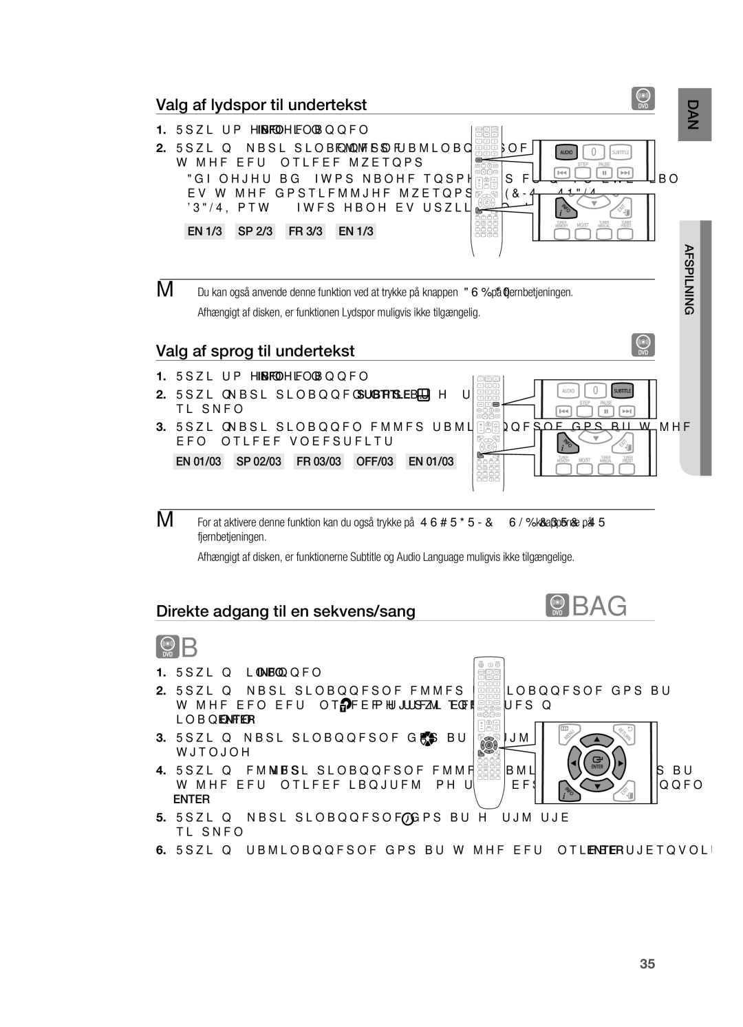 Samsung HT-X620T/XEE Valg af lydspor til undertekst, Valg af sprog til undertekst, Direkte adgang til en sekvens/sang 