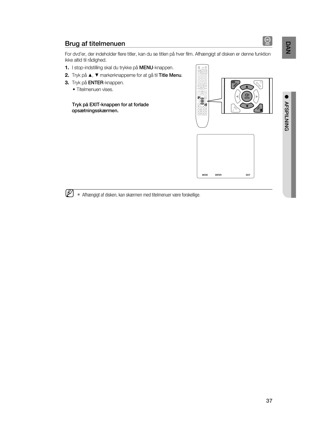 Samsung HT-X620T/XEE manual Brug af titelmenuen 