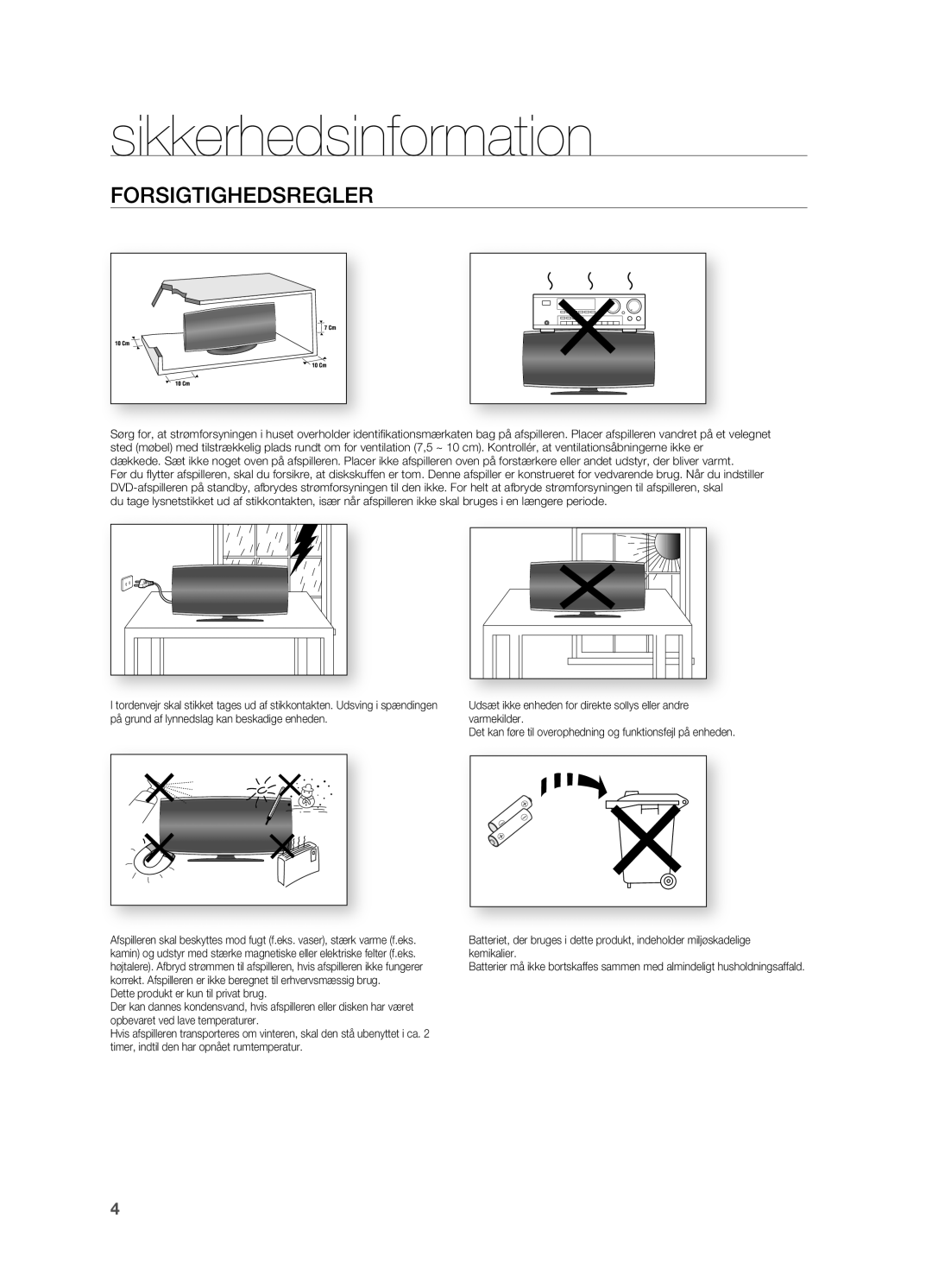 Samsung HT-X620T/XEE manual Sikkerhedsinformation, Forsigtighedsregler 