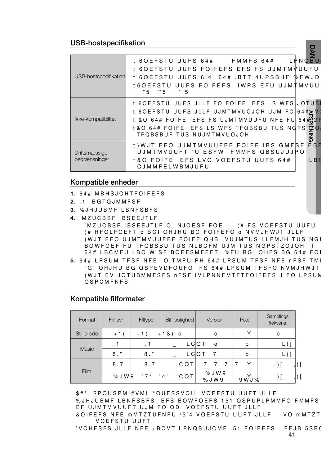 Samsung HT-X620T/XEE manual USB-hostspecifikation, Kompatible enheder, Kompatible filformater 