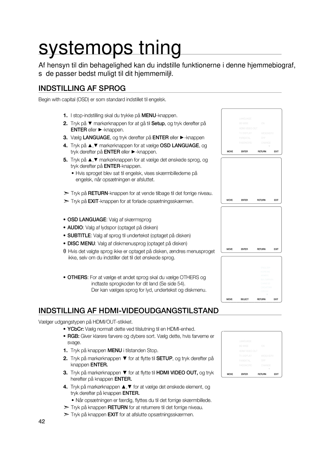 Samsung HT-X620T/XEE manual Systemopsætning, Indstilling af sprog, Indstilling af HDMI-VIDEOUDGANGSTILSTAND 