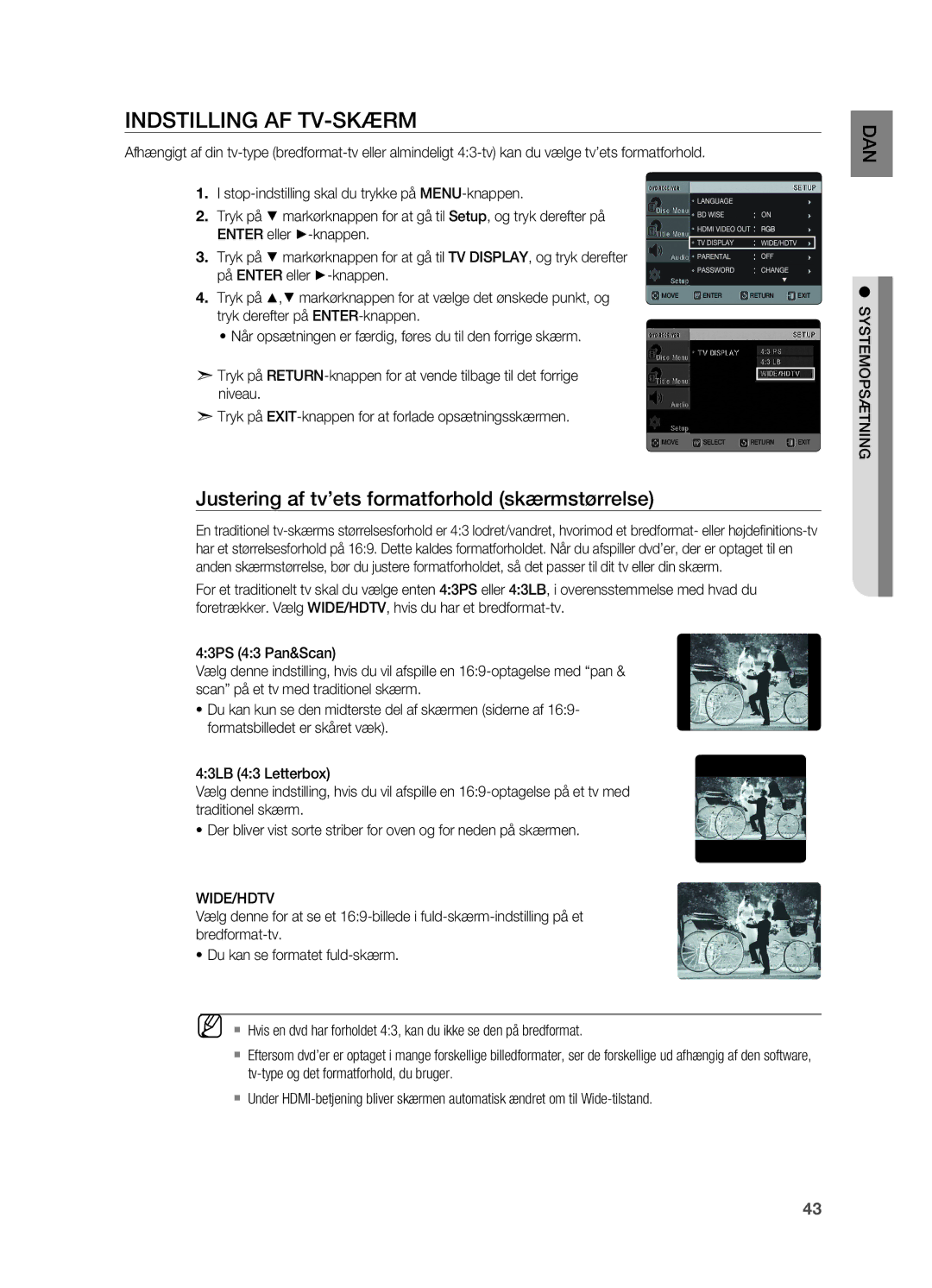 Samsung HT-X620T/XEE Indstilling af tv-skærm, Justering af tv’ets formatforhold skærmstørrelse, Wide/Hdtv, Systemopsætning 