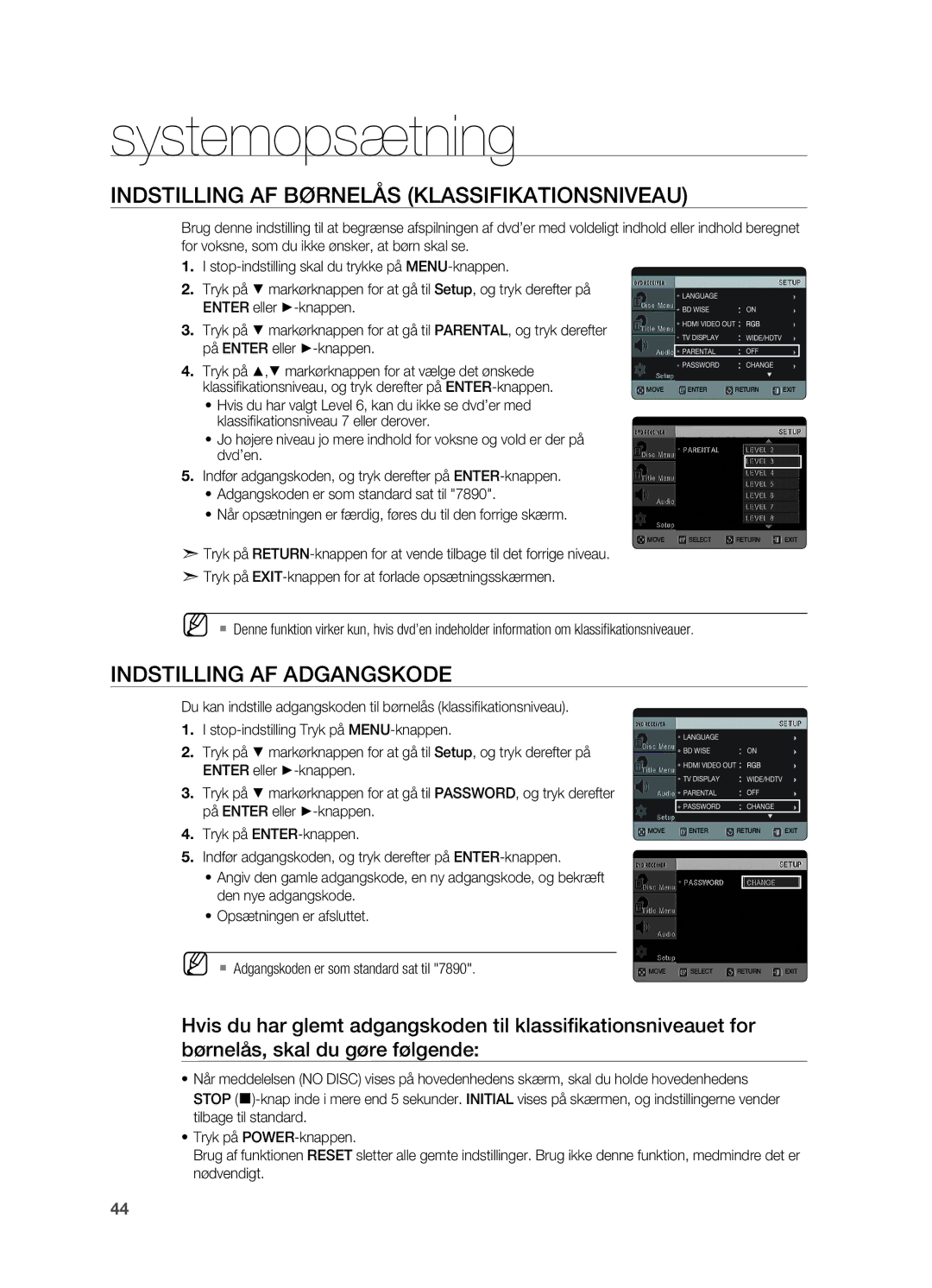 Samsung HT-X620T/XEE manual Indstilling af børnelås klassifikationsniveau, Indstilling af adgangskode 