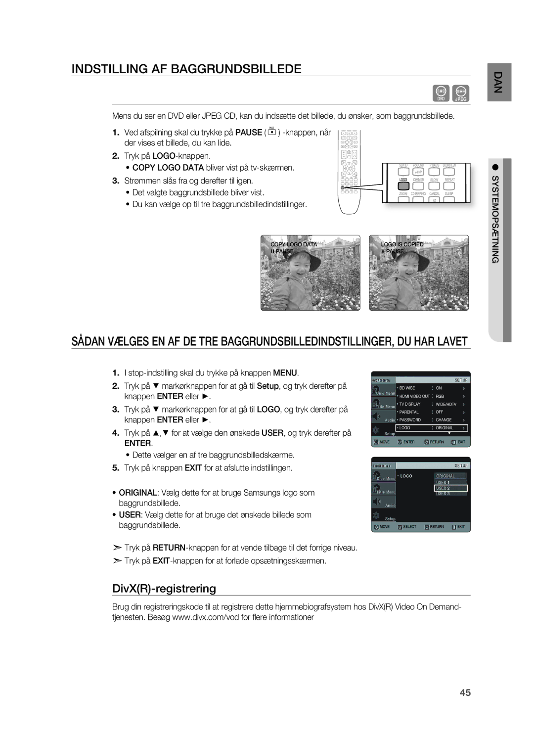 Samsung HT-X620T/XEE manual Indstilling AF Baggrundsbillede, DivXR-registrering 