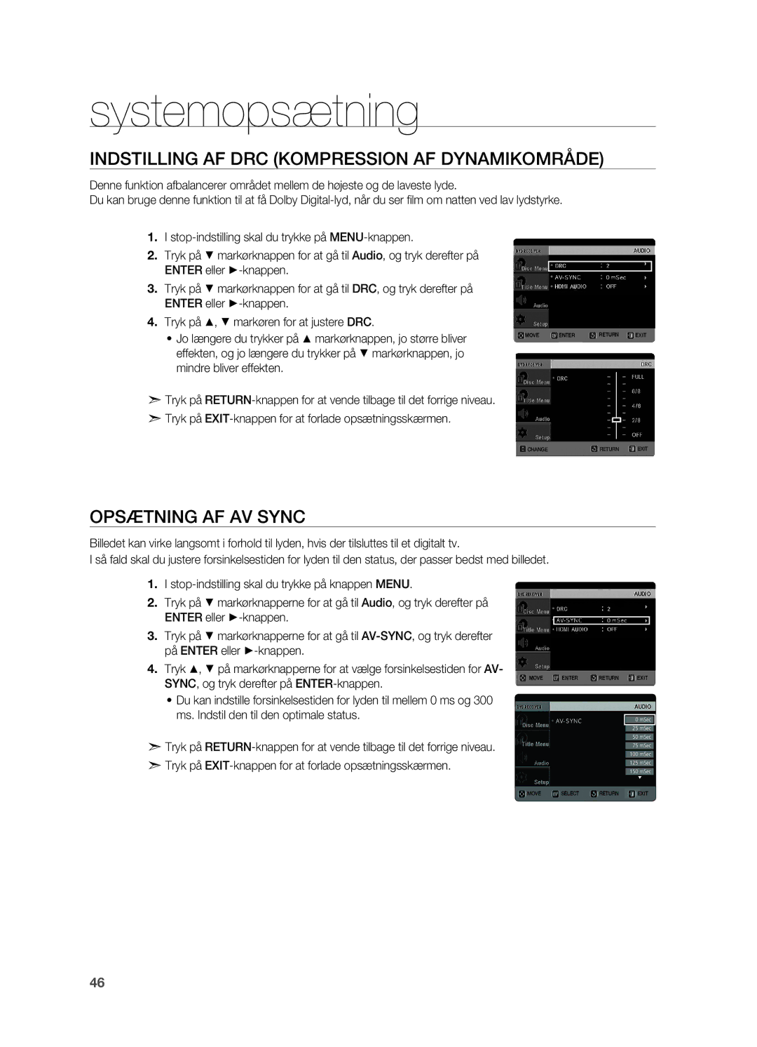 Samsung HT-X620T/XEE manual Indstilling af DRC kompression af dynamikområde, Opsætning af AV Sync 