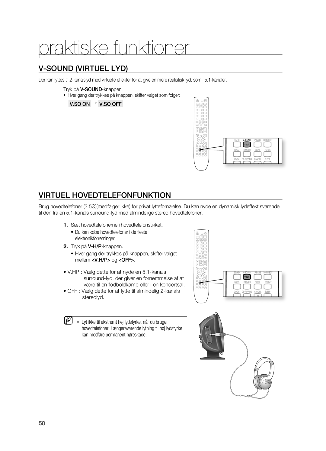 Samsung HT-X620T/XEE manual Sound Virtuel LYD, Virtuel Hovedtelefonfunktion, SO on  V.SO OFF 