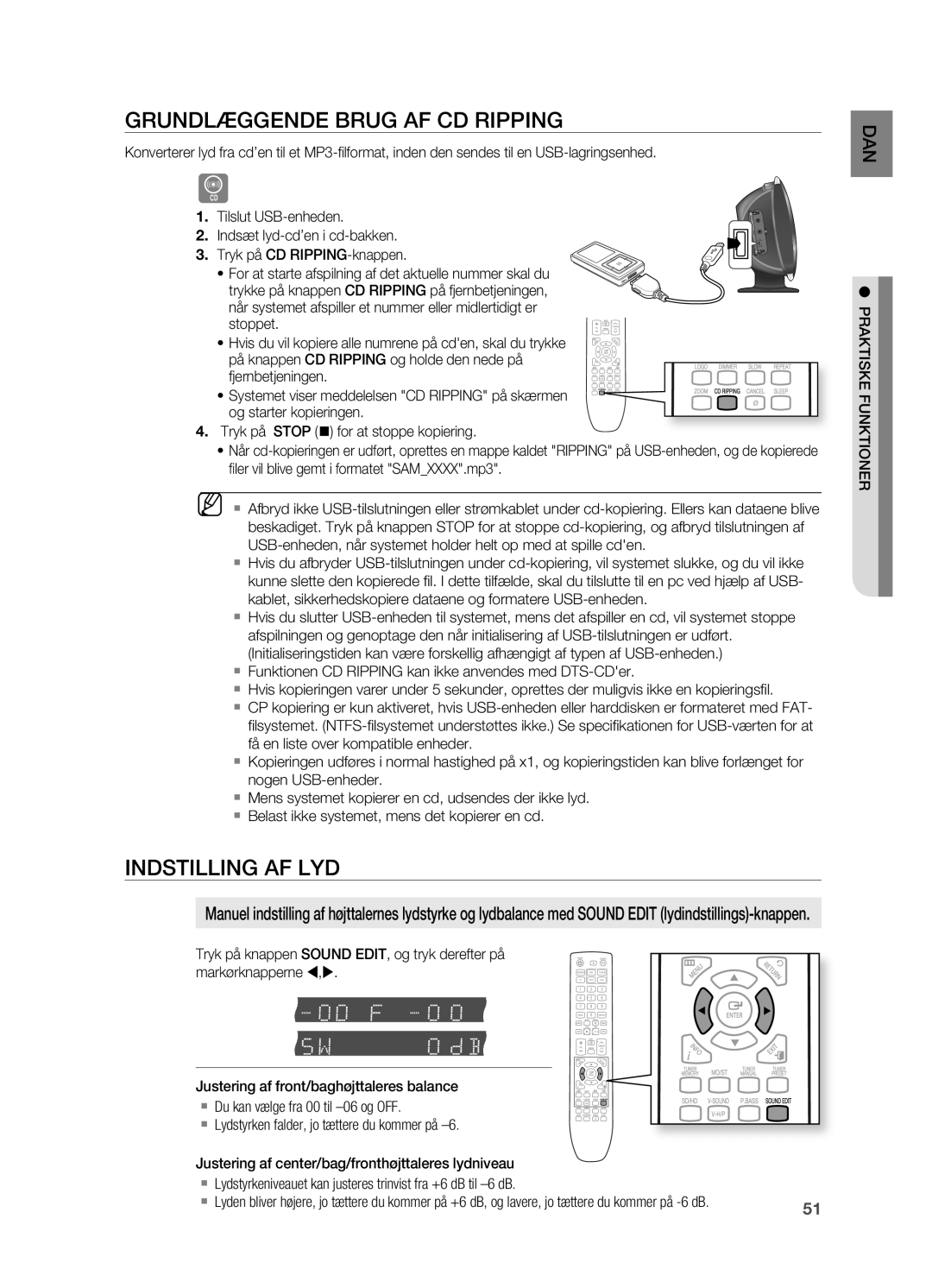 Samsung HT-X620T/XEE manual GRUNDLæGGENDE Brug AF CD RIppING, Indstilling AF LYD 