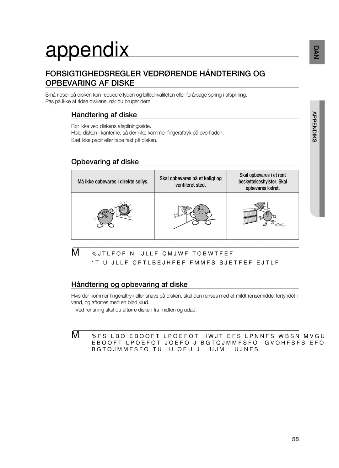 Samsung HT-X620T/XEE manual Appendix, Håndtering af diske, Opbevaring af diske, Håndtering og opbevaring af diske 