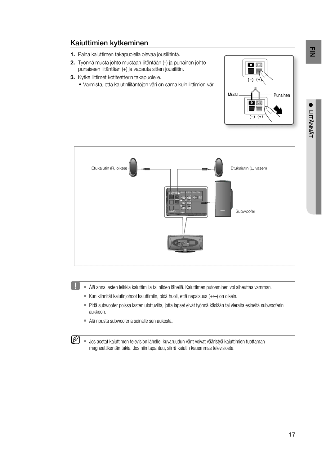 Samsung HT-X620T/XEE manual Kaiuttimien kytkeminen, Paina kaiuttimen takapuolella olevaa jousiliitintä, Liitännät 