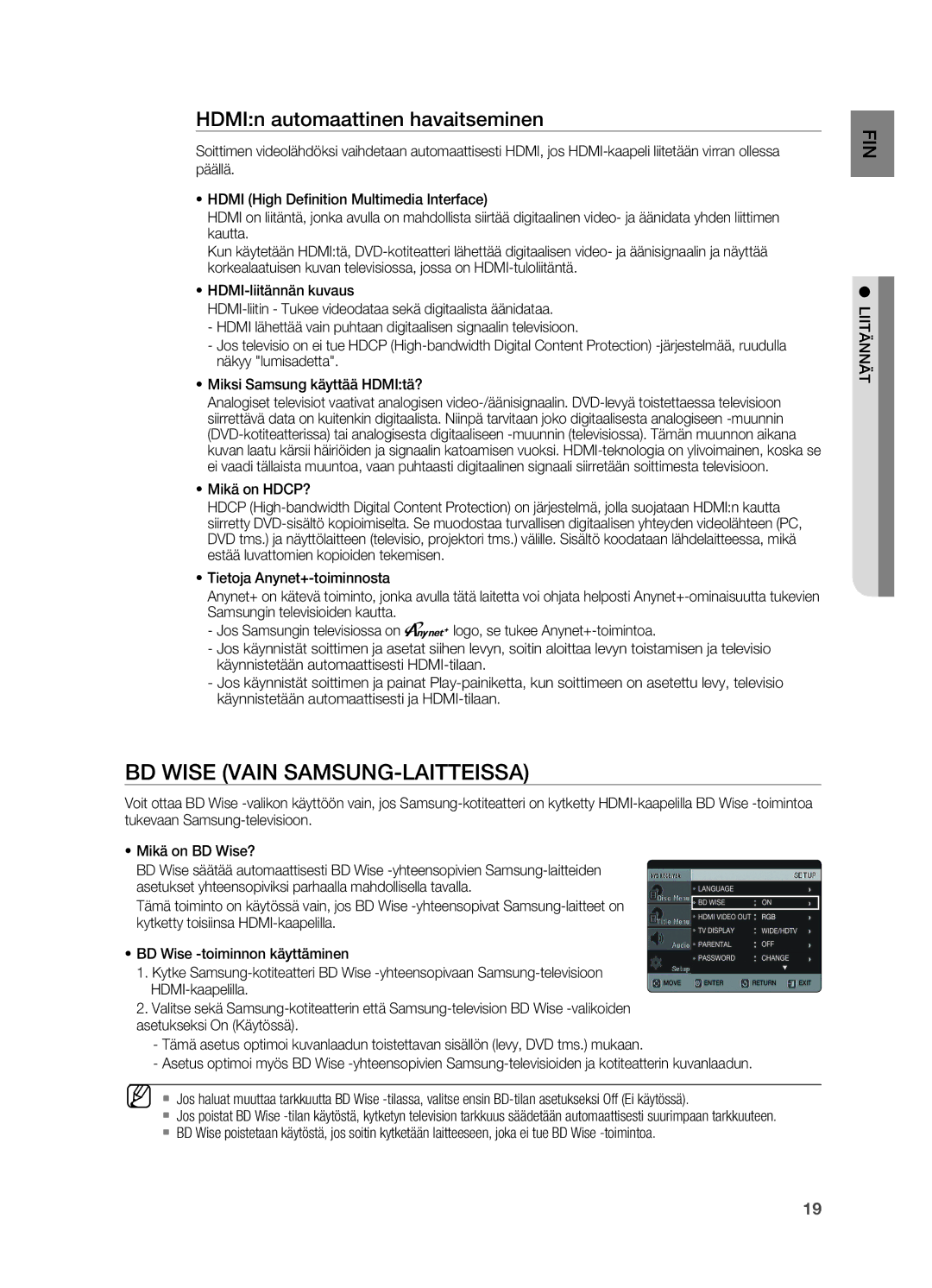 Samsung HT-X620T/XEE manual BD Wise vain Samsung-laitteissa, HDMIn automaattinen havaitseminen 