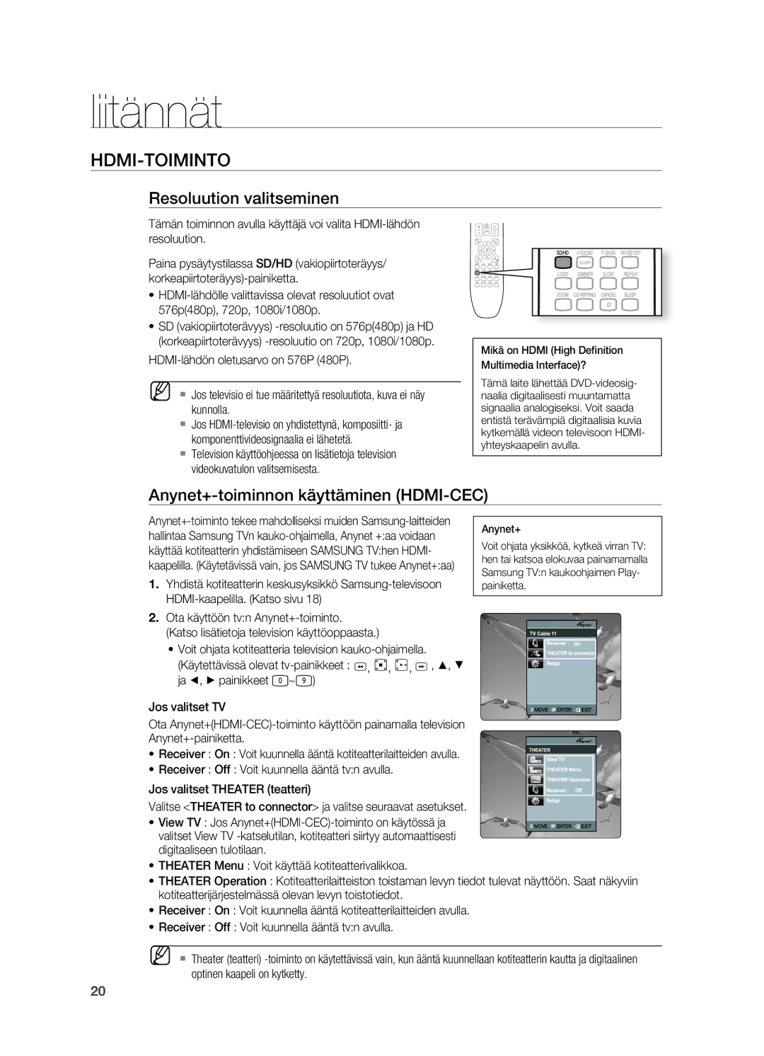 Samsung HT-X620T/XEE Hdmi-Toiminto, Resoluution valitseminen, Anynet+-toiminnon käyttäminen HDMI-CEC, Anynet+-painiketta 