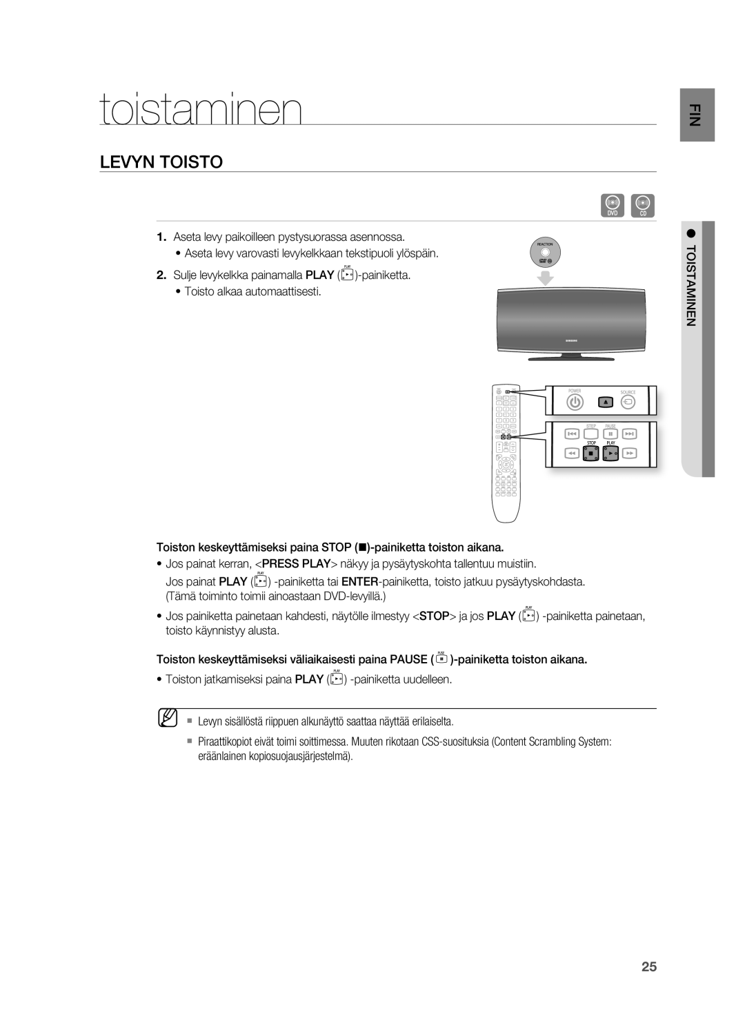 Samsung HT-X620T/XEE manual Toistaminen, Levyn Toisto, Aseta levy paikoilleen pystysuorassa asennossa 