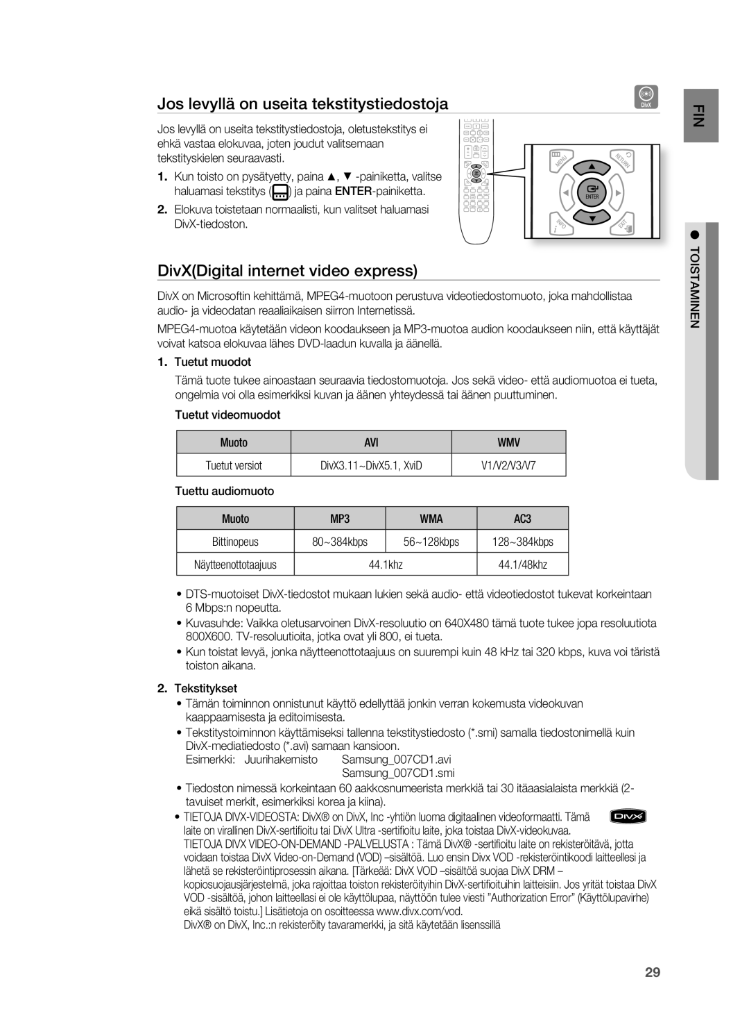 Samsung HT-X620T/XEE manual Jos levyllä on useita tekstitystiedostoja, DivXDigital internet video express, Avi Wmv 