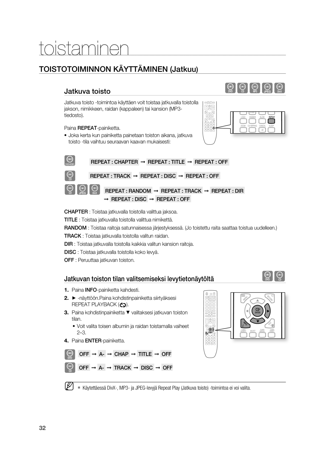 Samsung HT-X620T/XEE manual Toistotoiminnon Käyttäminen jatkuu, Jatkuva toisto, Repeat Playback, OFF A- Track Disc OFF 