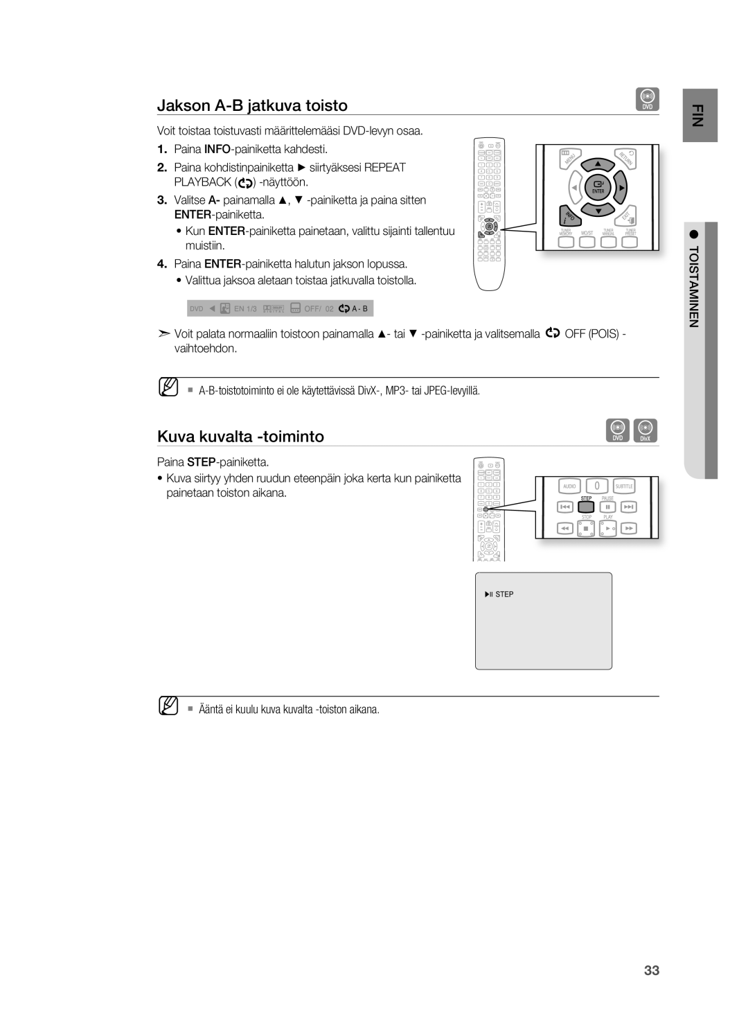 Samsung HT-X620T/XEE manual Jakson A-B jatkuva toisto, Kuva kuvalta -toiminto 