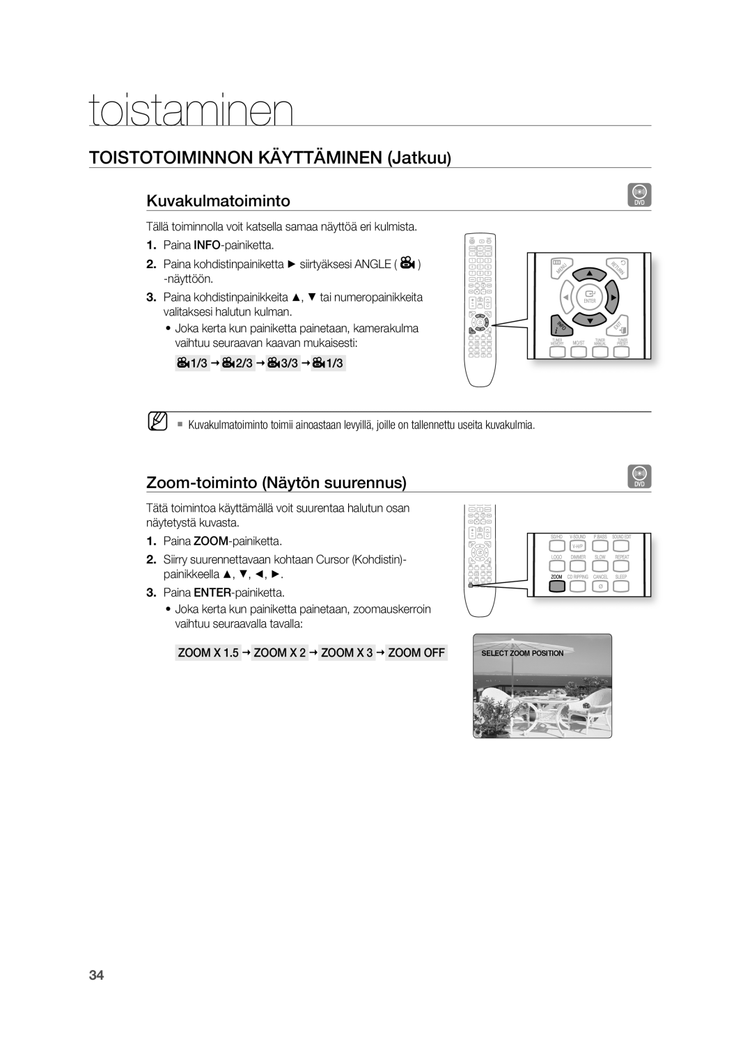 Samsung HT-X620T/XEE manual Kuvakulmatoiminto, Zoom-toiminto Näytön suurennus, Zoom X 1.5  Zoom X 2  Zoom X 3  Zoom OFF 